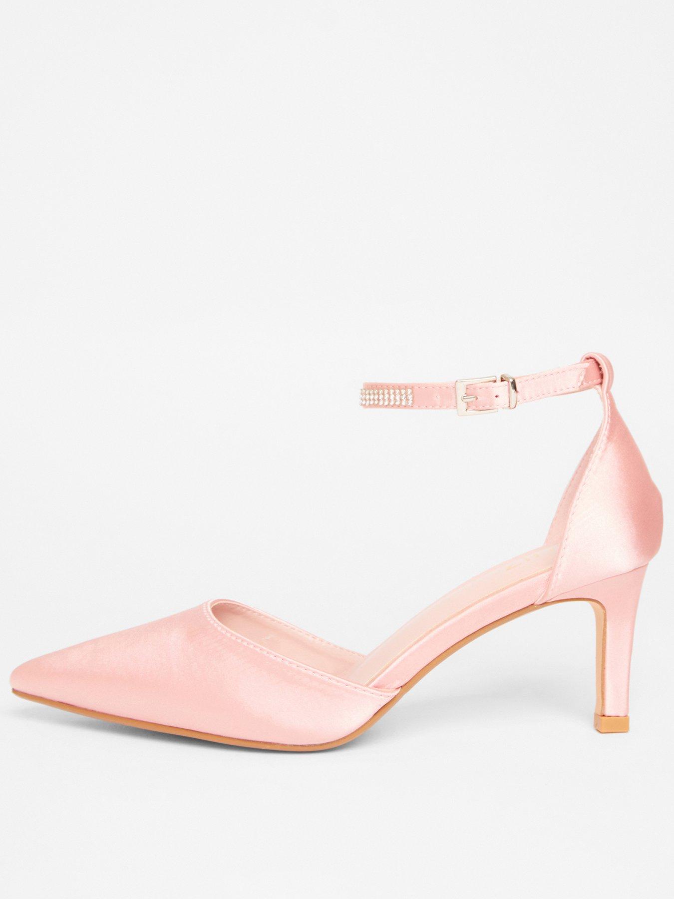 Image 1 of 5 of Quiz Pink Satin Diamante Strap Court Heels