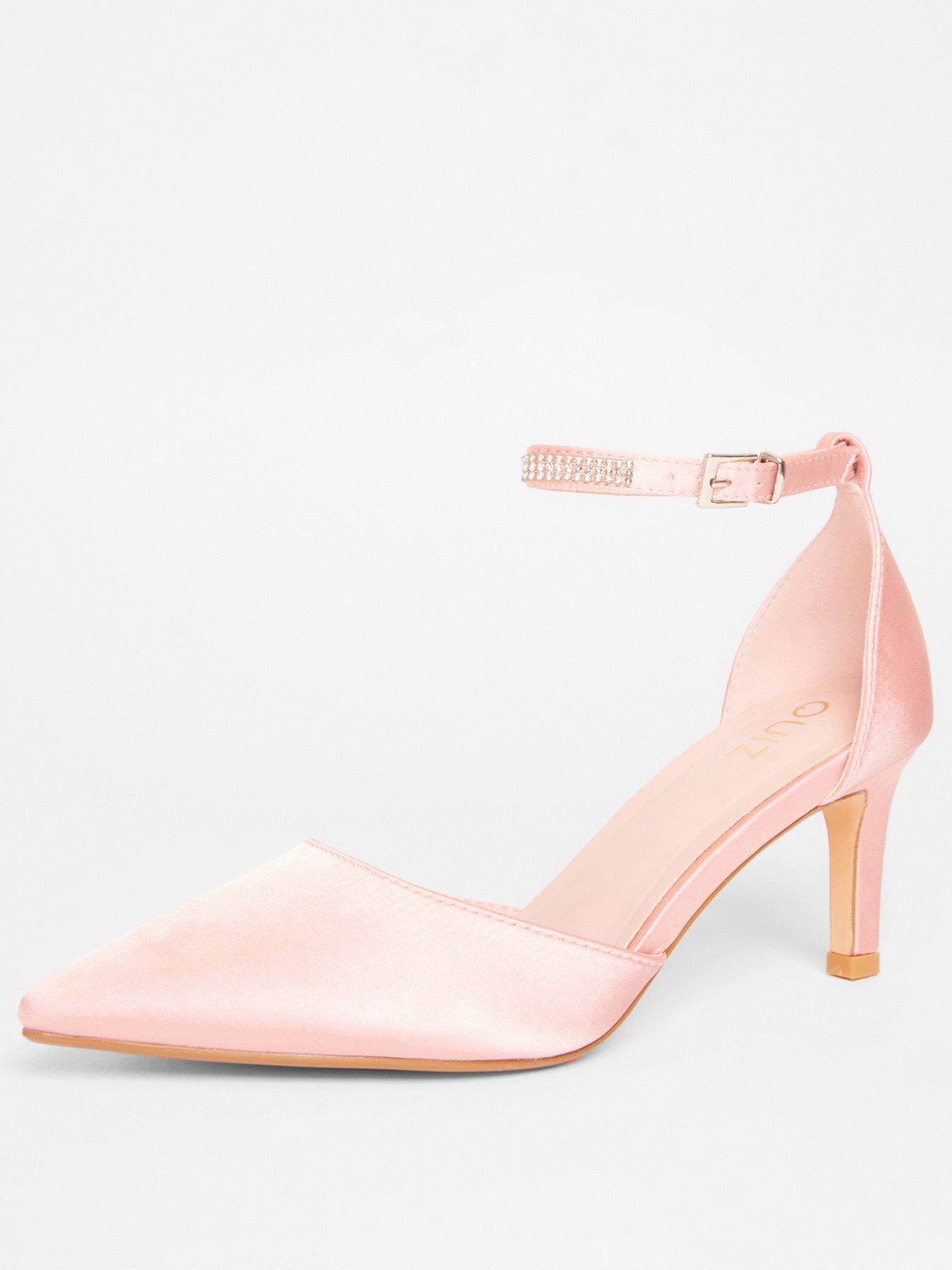 Image 2 of 5 of Quiz Pink Satin Diamante Strap Court Heels
