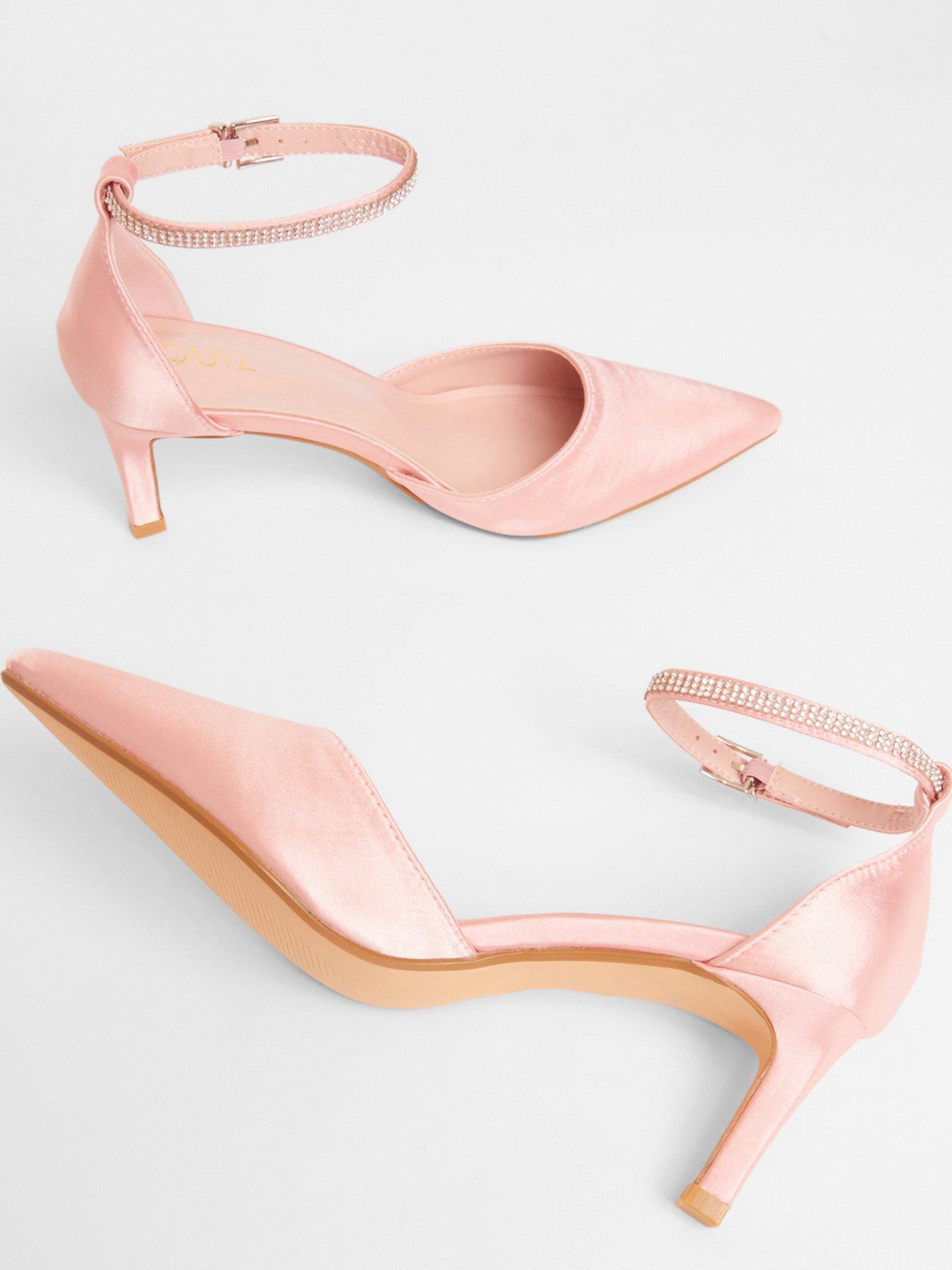 Image 3 of 5 of Quiz Pink Satin Diamante Strap Court Heels