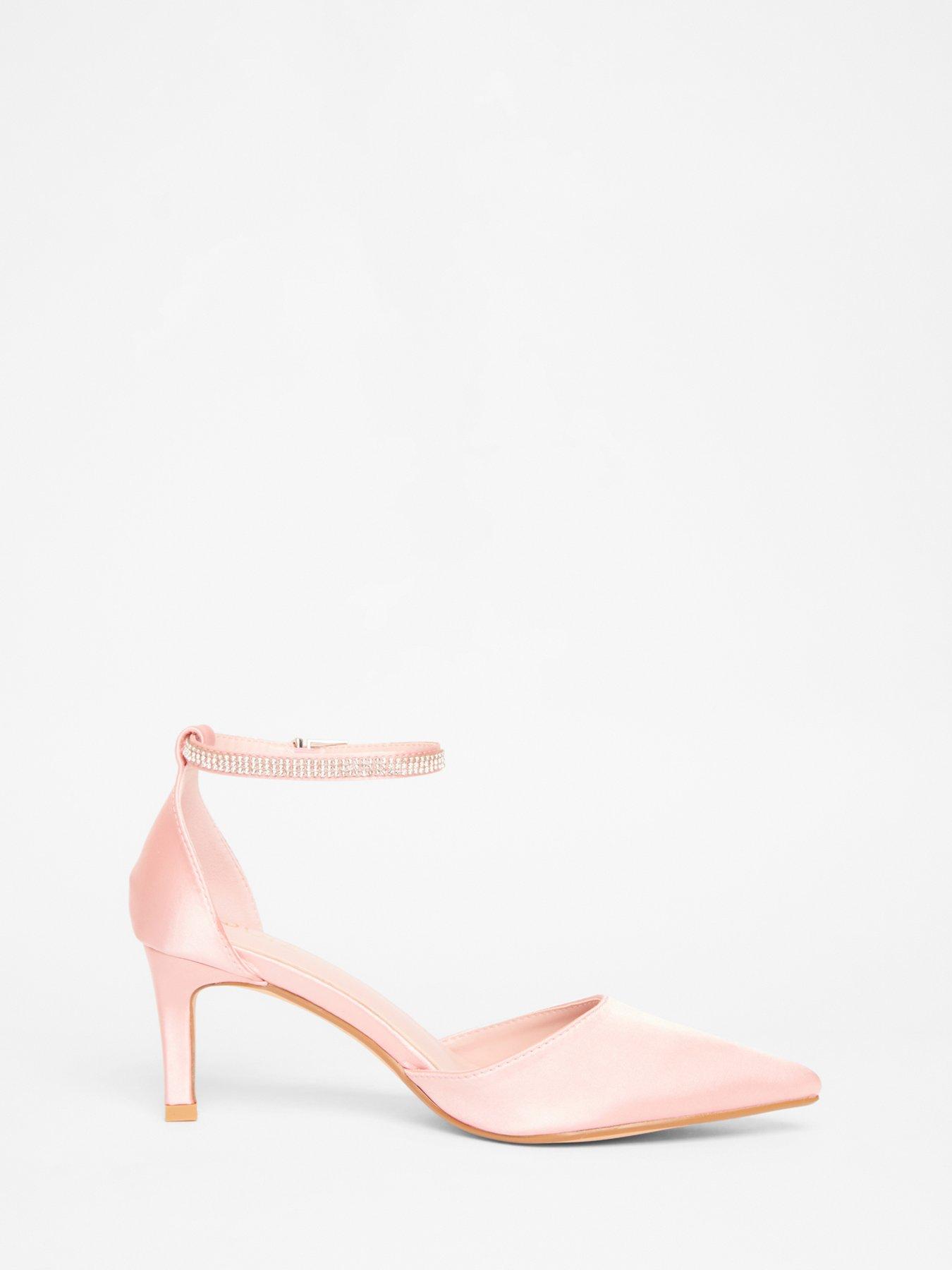 Image 4 of 5 of Quiz Pink Satin Diamante Strap Court Heels