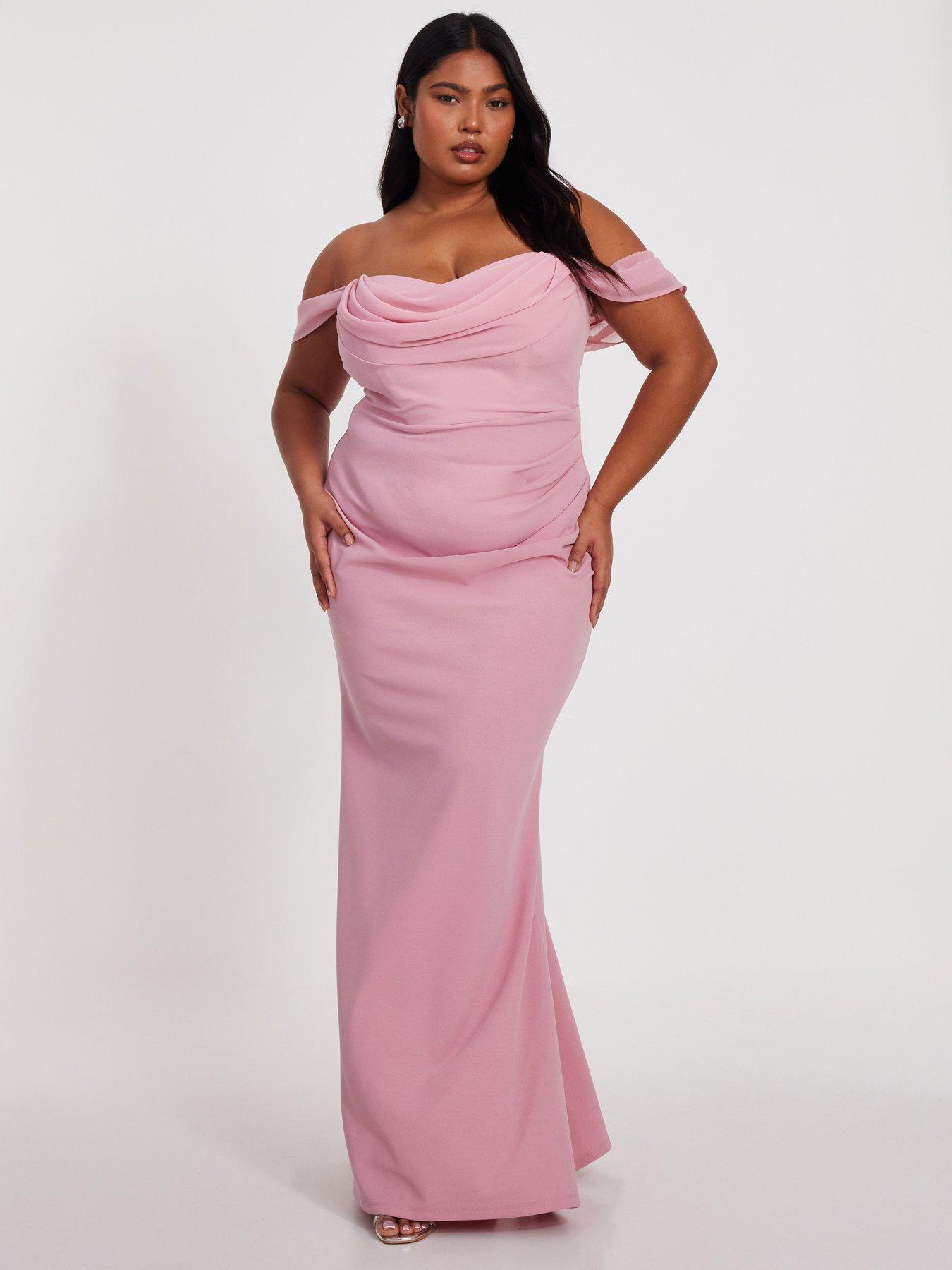 Image 1 of 6 of Quiz Curve Blush Chiffon Bardot Maxi Dress