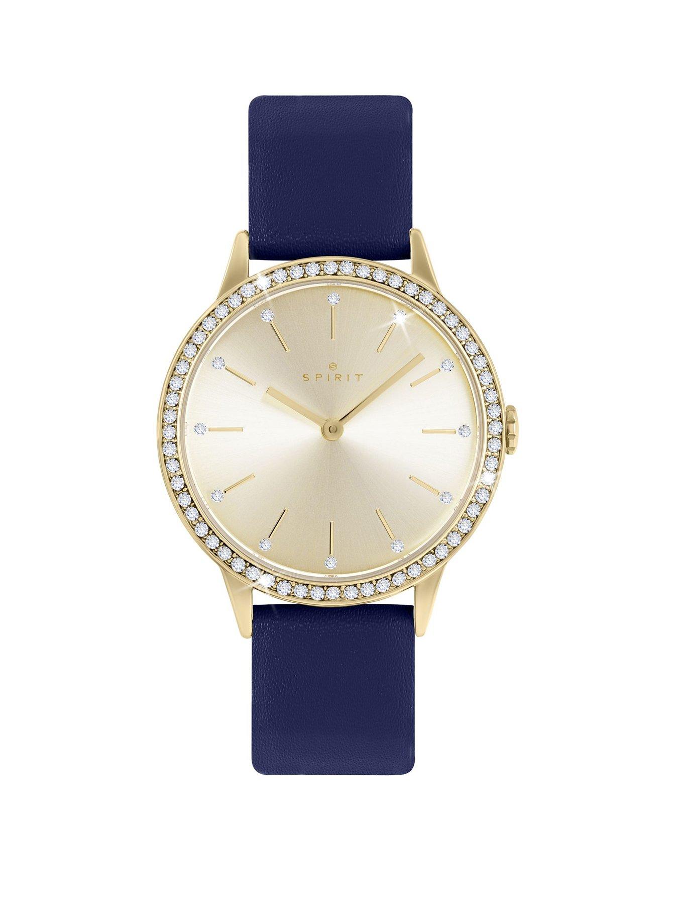 undefined Ladies Gold Plated Navy Leather Strap Watch