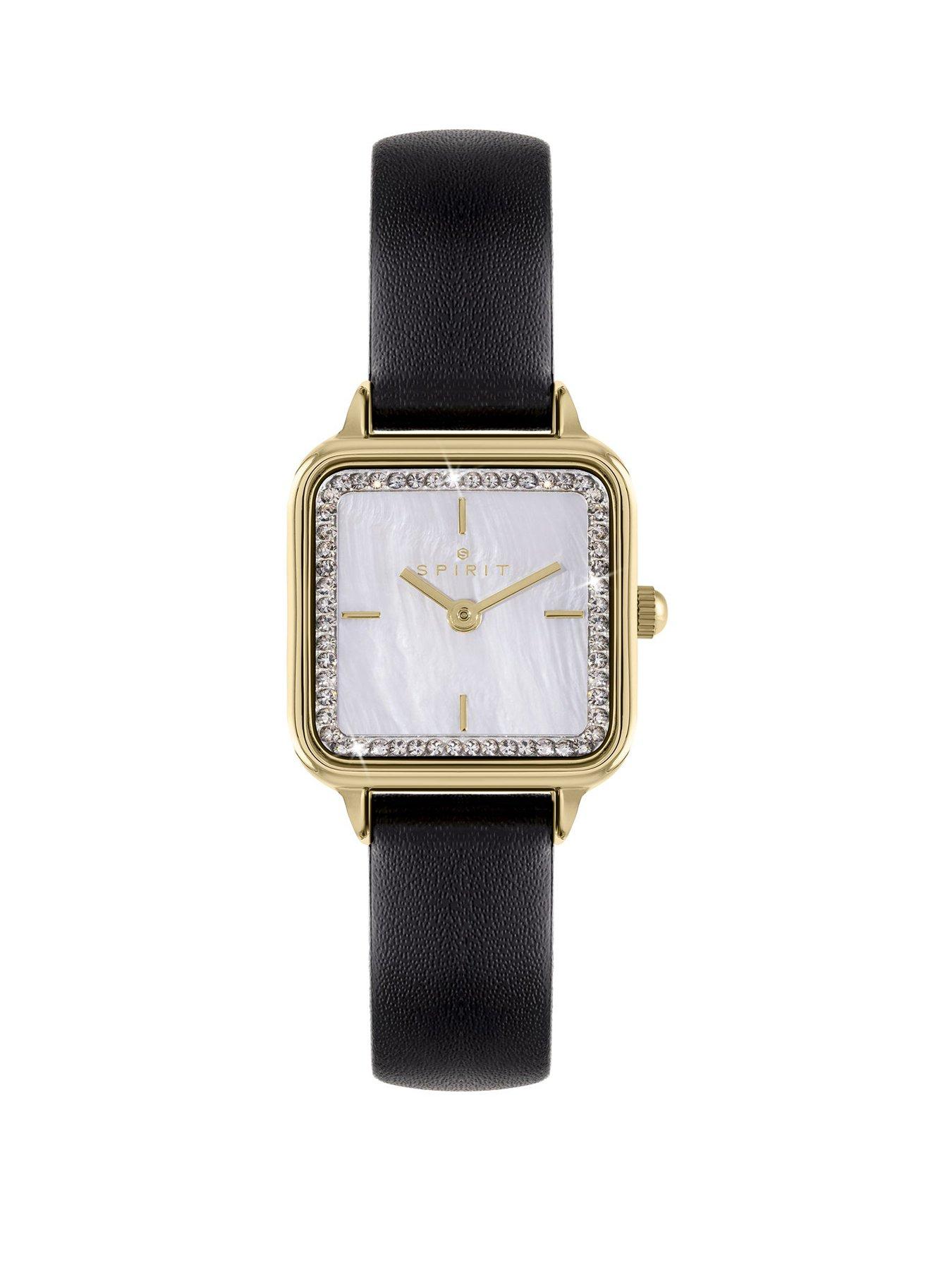 Spirit Ladies Gold Plated Square Mother of Pearl Black Leather Strap Watch