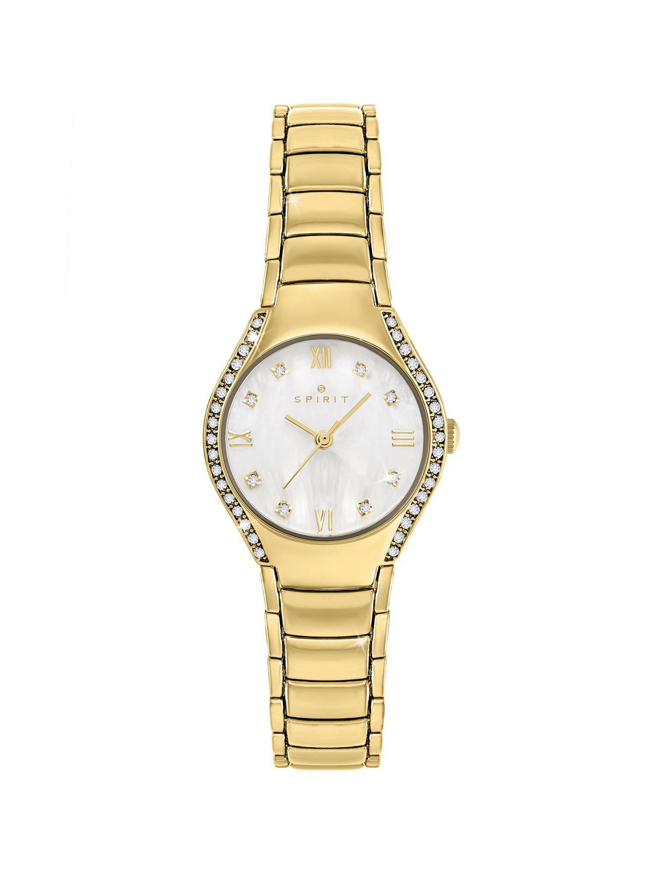 undefined Ladies Gold Plated Stone Set Mother of Pearl 3 Link Bracelet Watch
