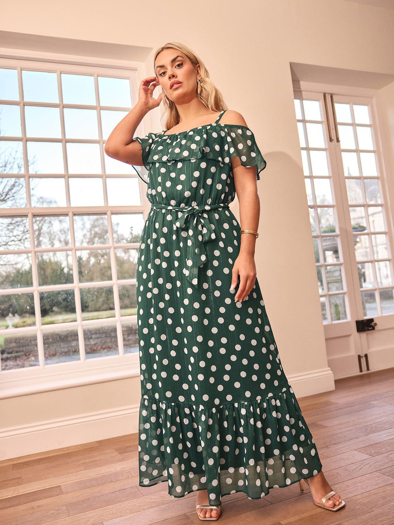 Image 1 of 4 of Yours Curve Polka Dot Ruffle Maxi Dress - Green