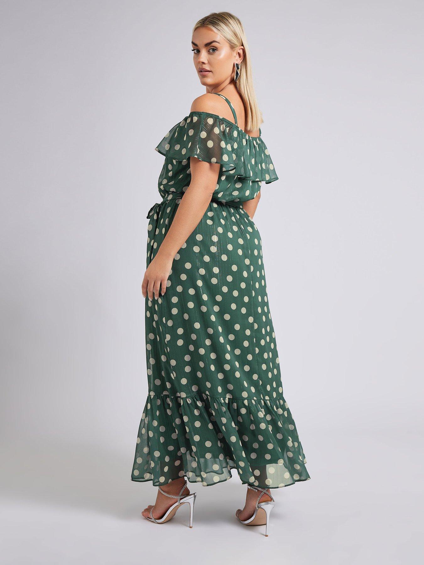 Image 2 of 4 of Yours Curve Polka Dot Ruffle Maxi Dress - Green
