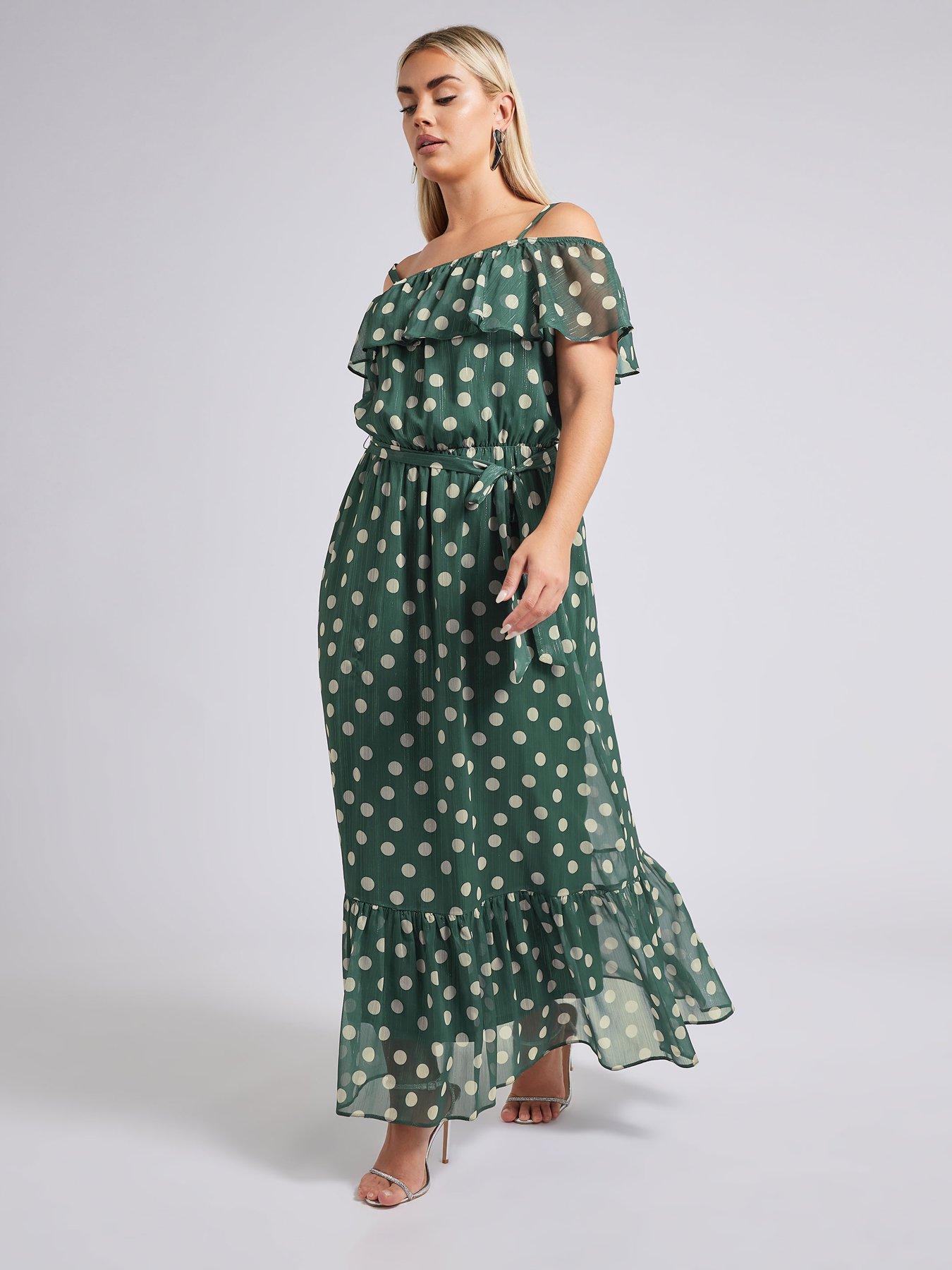 Image 3 of 4 of Yours Curve Polka Dot Ruffle Maxi Dress - Green