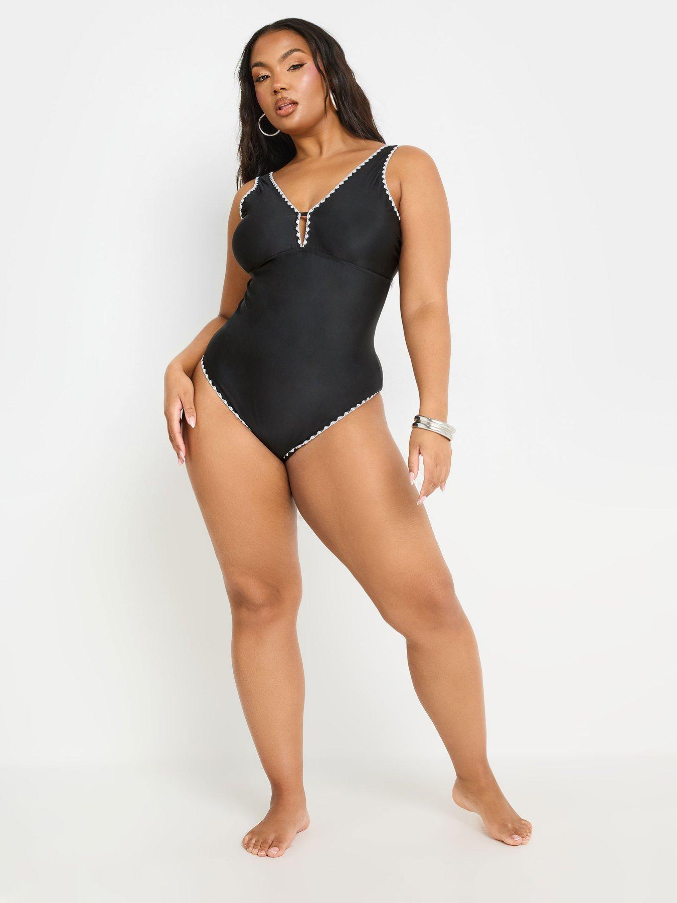 Image 3 of 4 of Yours Blanket Stitch Plunge Swimsuit - Black