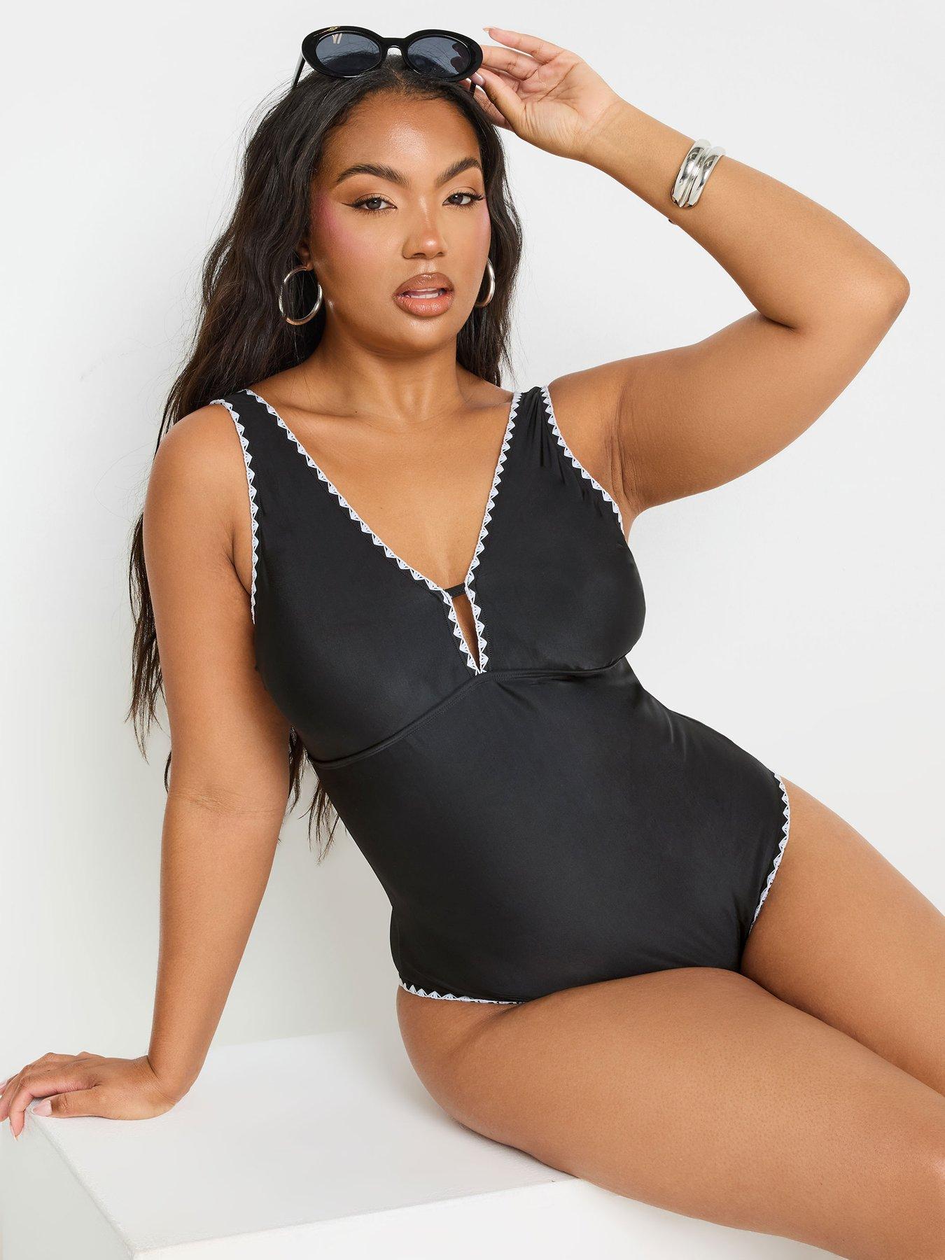 Image 4 of 4 of Yours Blanket Stitch Plunge Swimsuit - Black