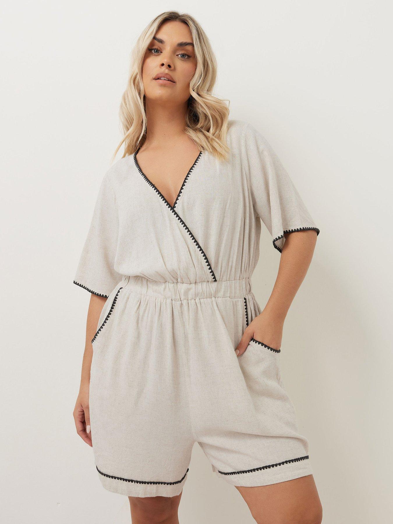 undefined Curve Linen Blanket Stitch Playsuit