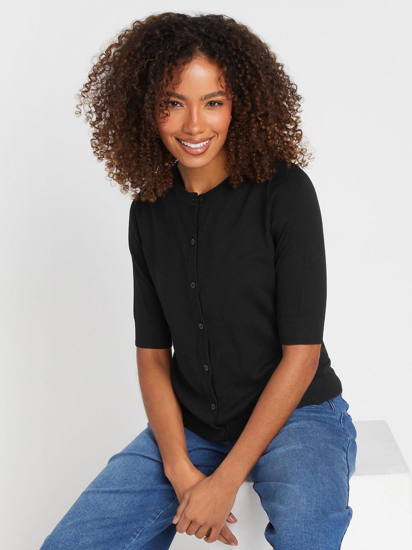undefined Short Sleeve Knitted Button Down Cardigan - Black