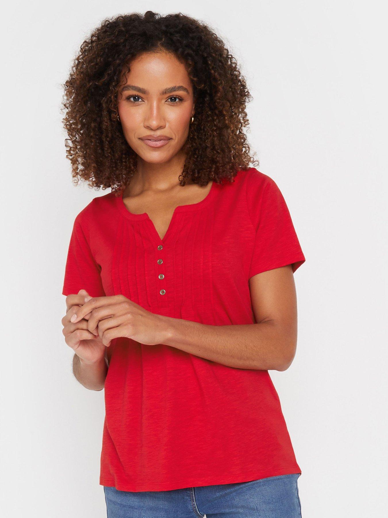 undefined Short Sleeve Cotton Henley Top - Red