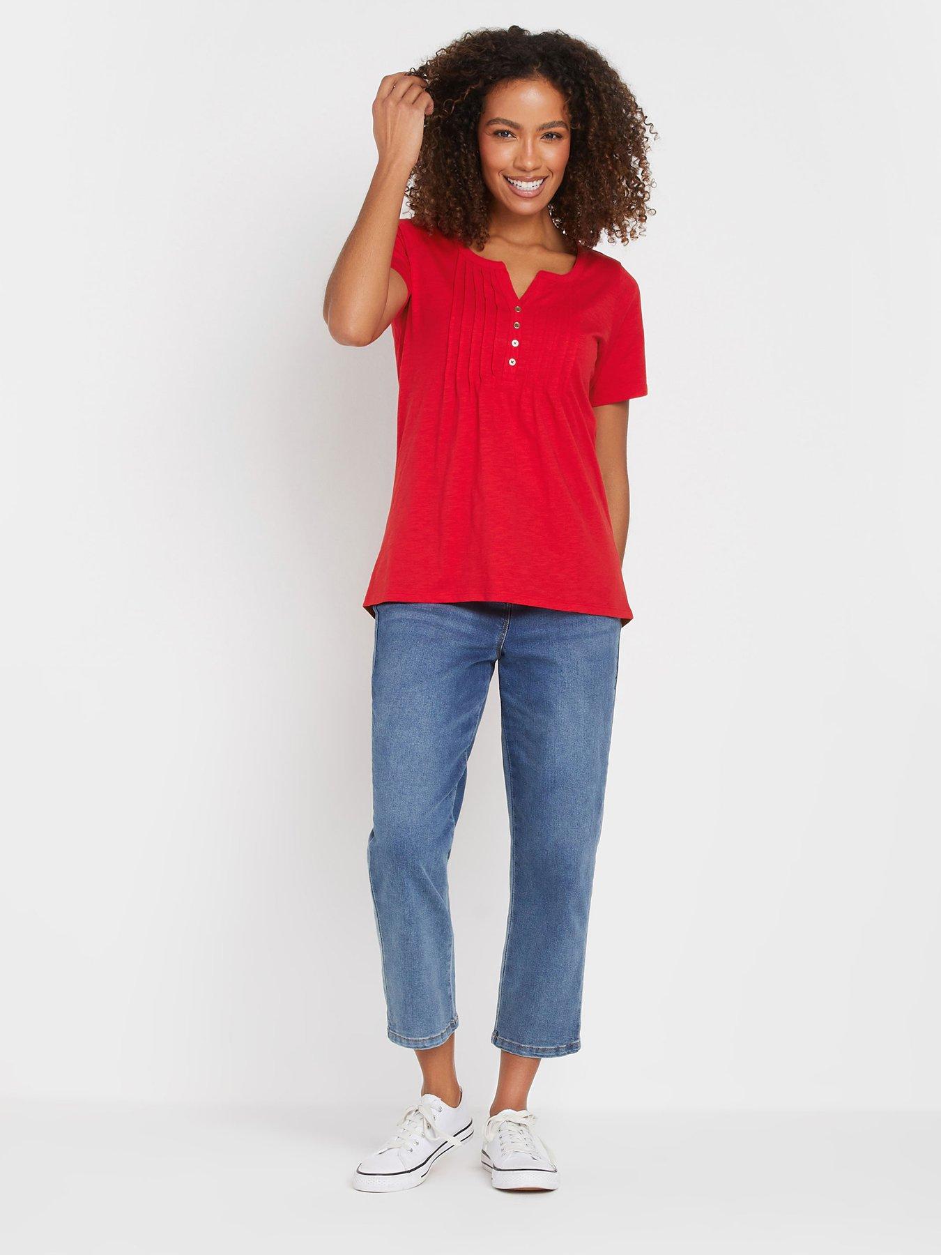 Image 3 of 4 of M&Co Short Sleeve Cotton Henley Top - Red