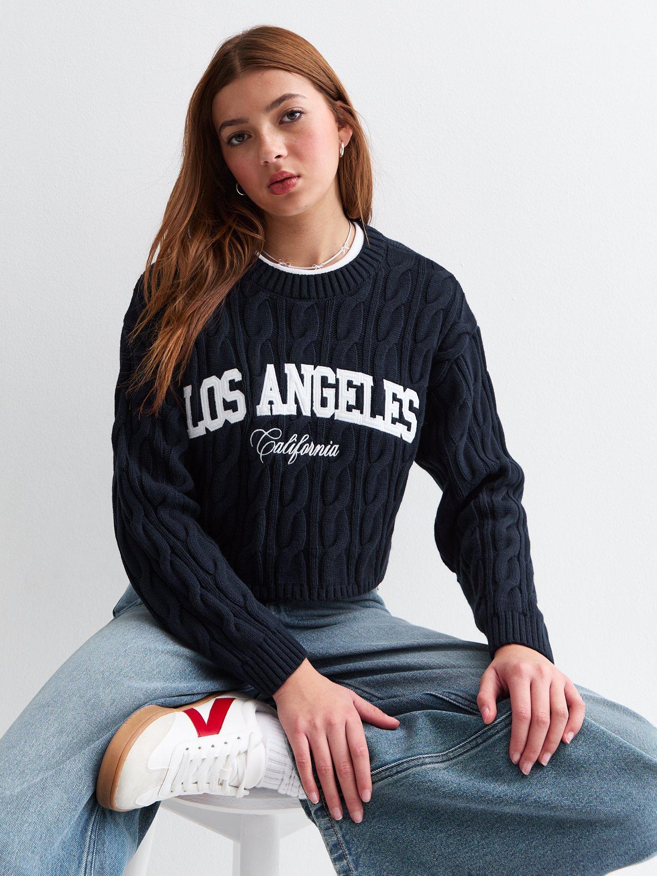 undefined Girls Navy Los Angeles Slogan Cable Knit Jumper - Blue