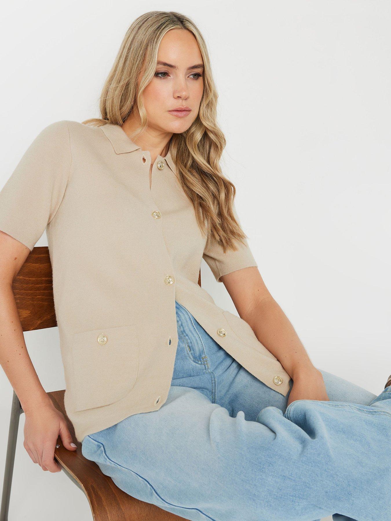 undefined Short Sleeve Boxy Knit Cardigan - Natural