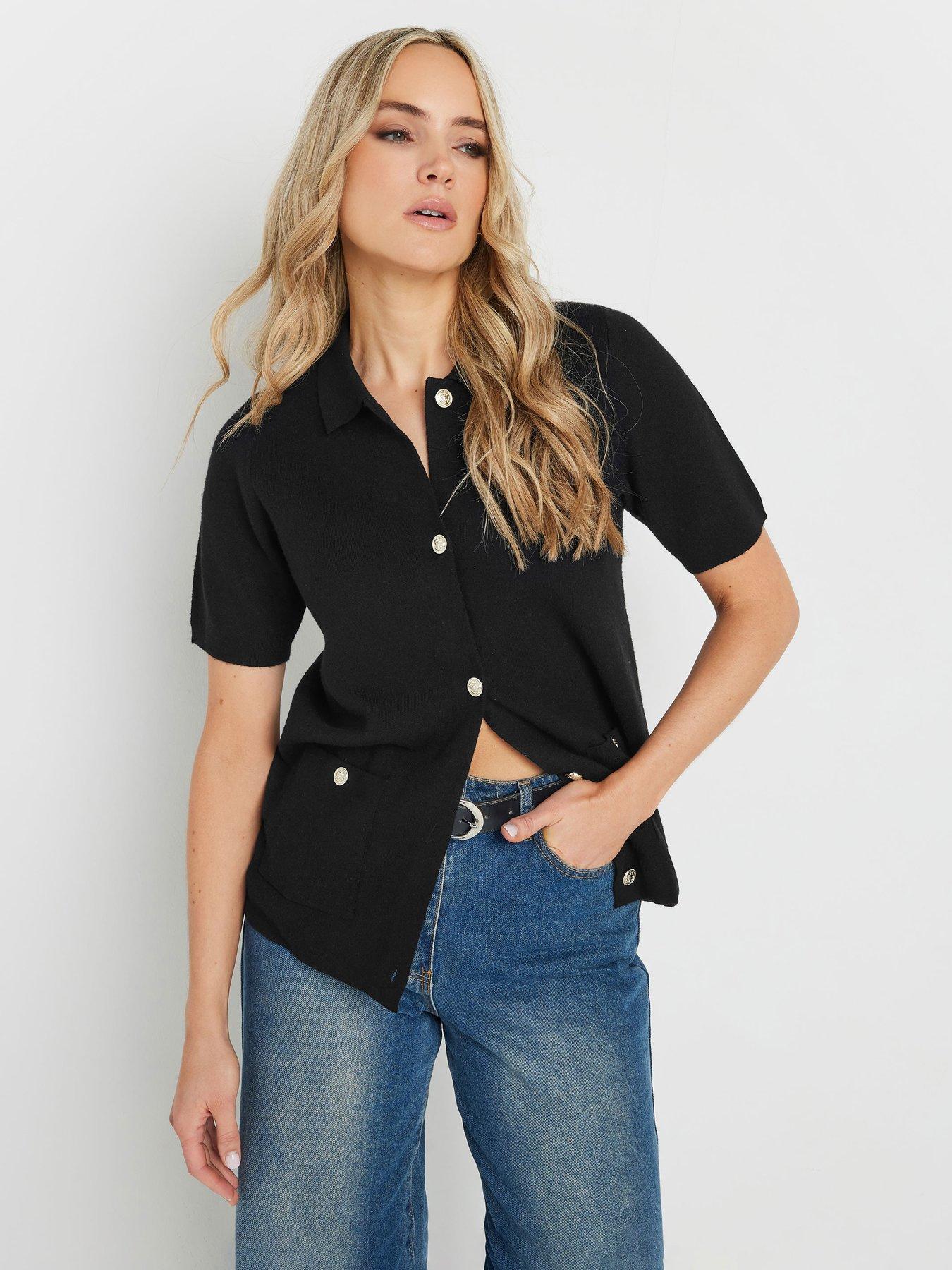 undefined Short Sleeve Boxy Knit Cardigan - Black
