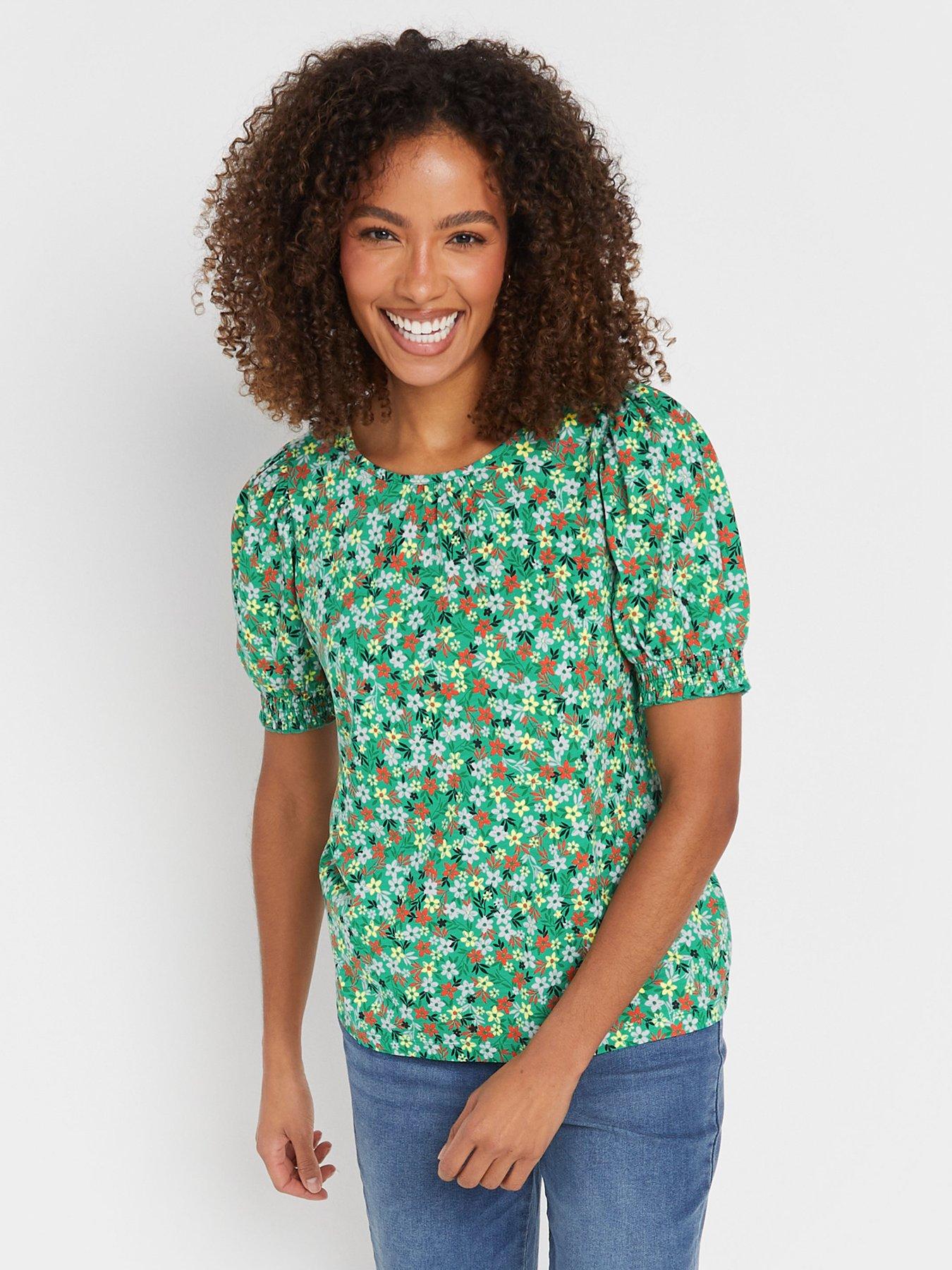undefined Floral Print Puff Sleeve T-Shirt - Green
