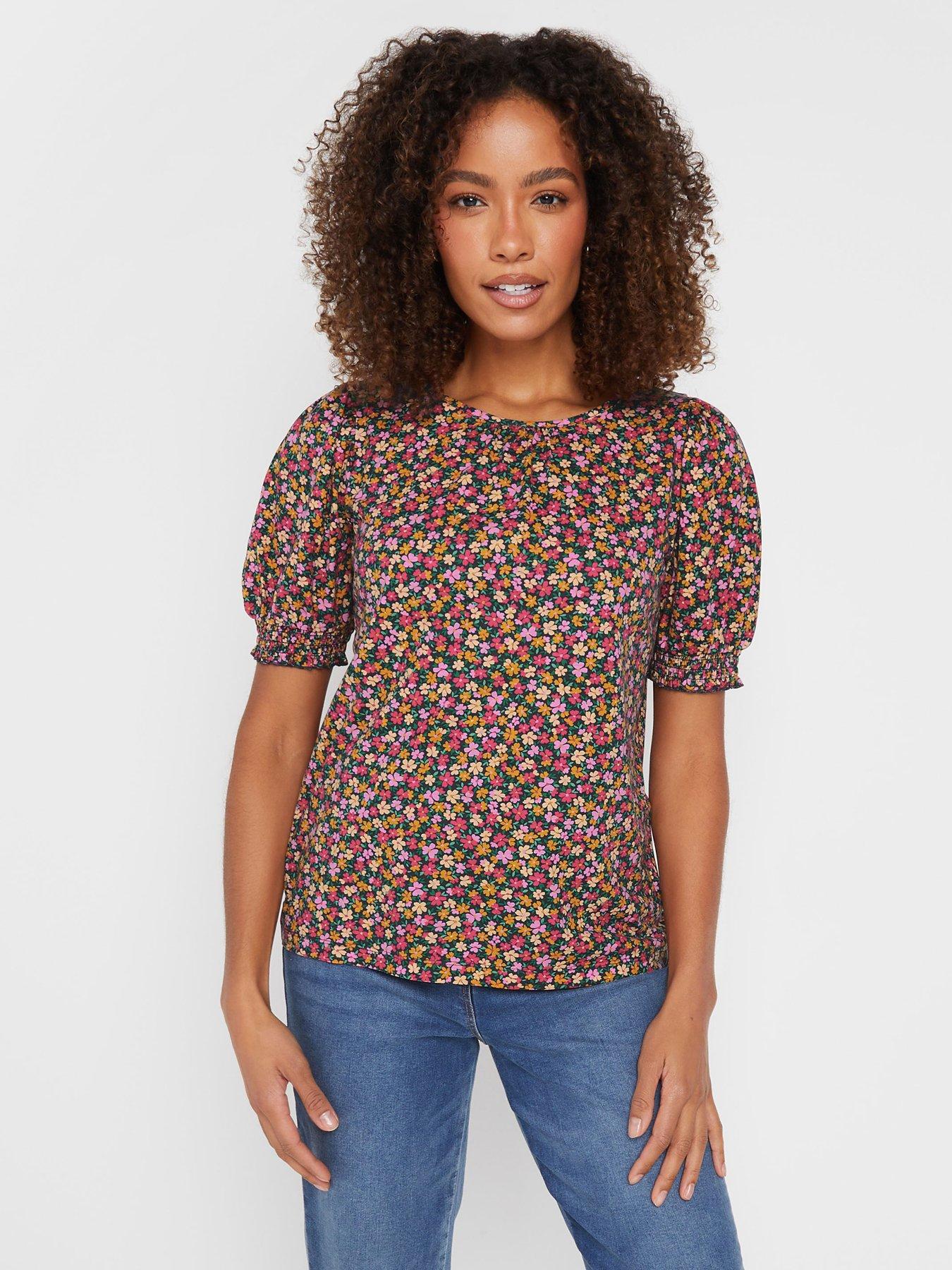 Image 1 of 4 of M&Co Floral Print Puff Sleeve T-Shirt - Pink