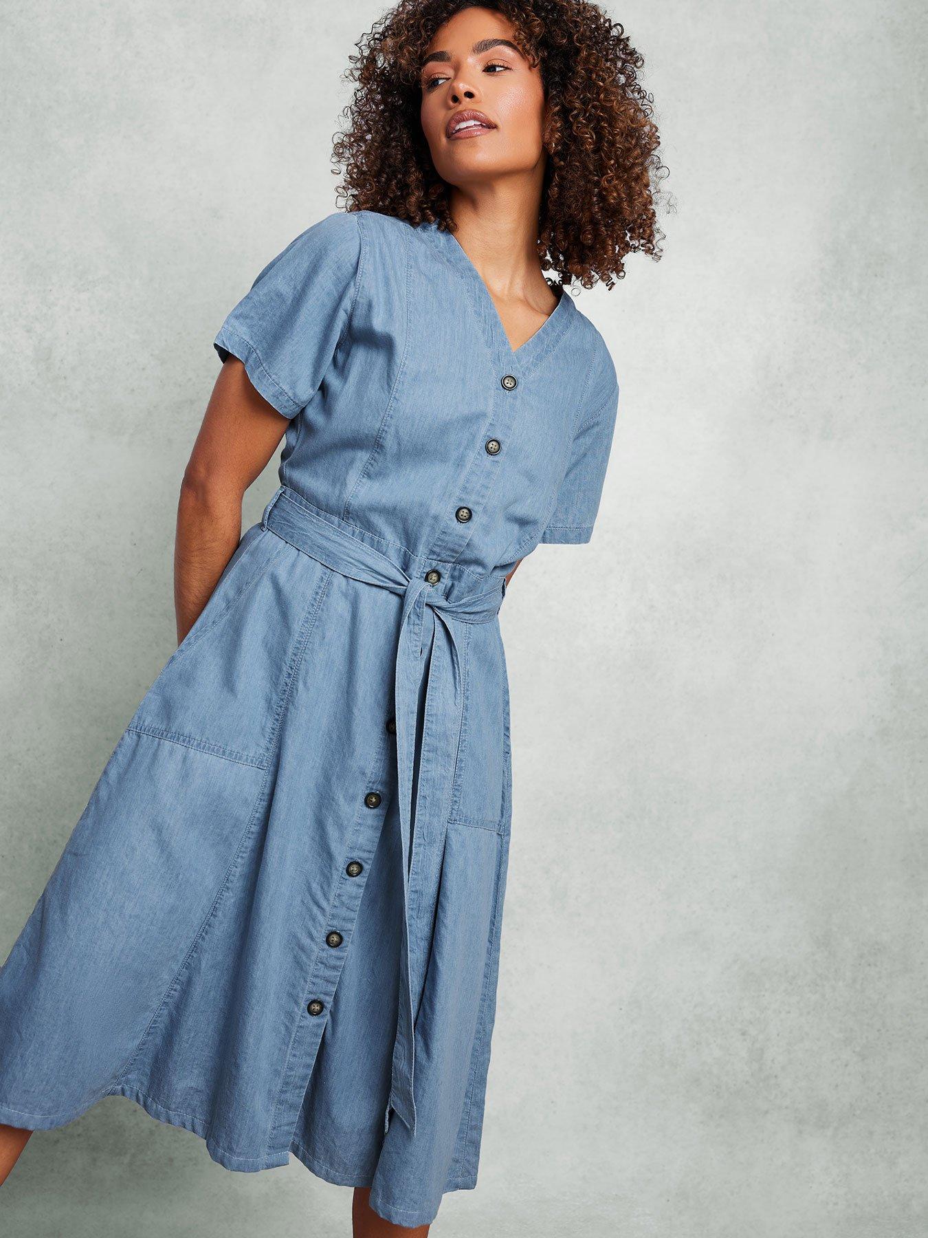 Image 1 of 4 of M&Co Collarless Button Through Shirt Dress - Blue