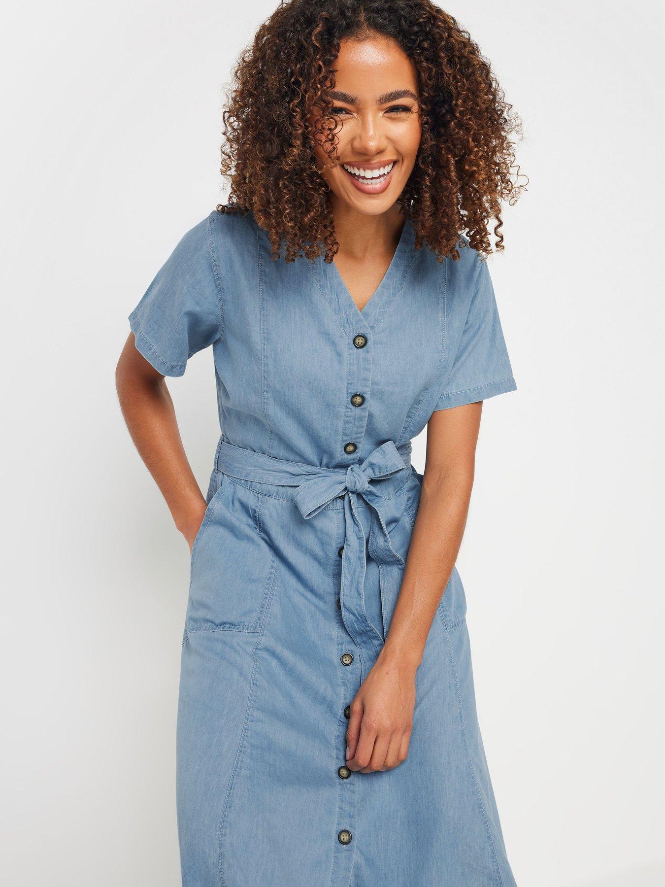Image 4 of 4 of M&Co Collarless Button Through Shirt Dress - Blue
