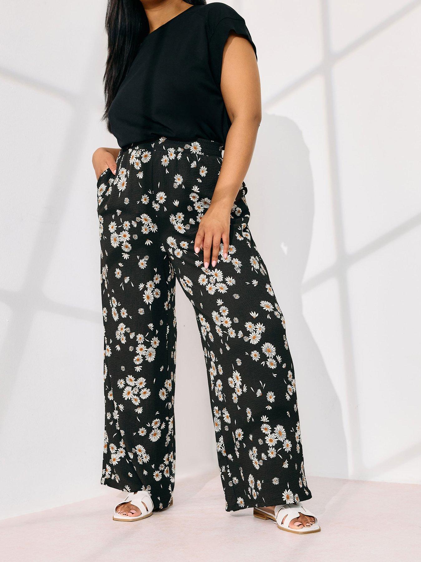 undefined Curve Jersey Print Wide Leg Trouser - Black