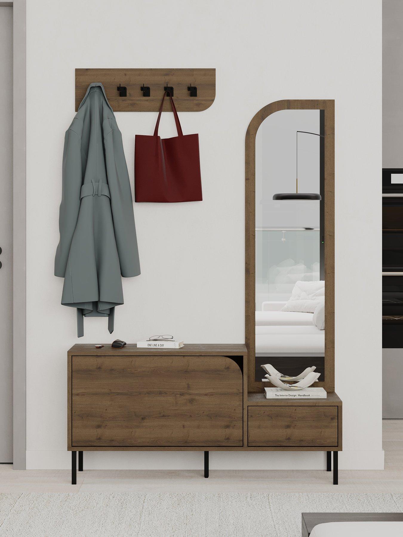 Decortie Mila Hallway Shoe Cabinet & Coat Hooks - Dark Oak