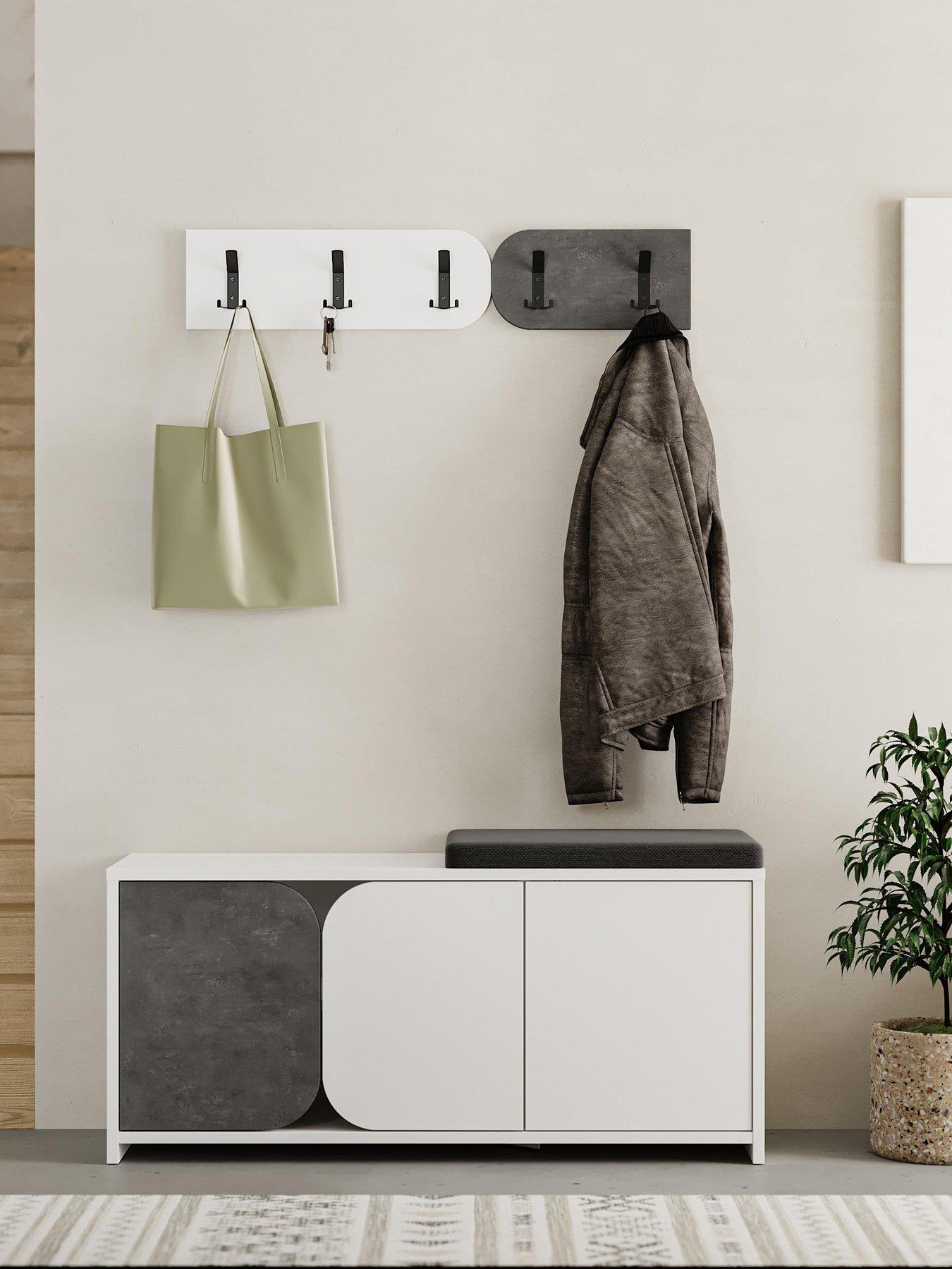 Decortie Moni Hallway Shoe Cabinet & Coat Hooks - White/grey