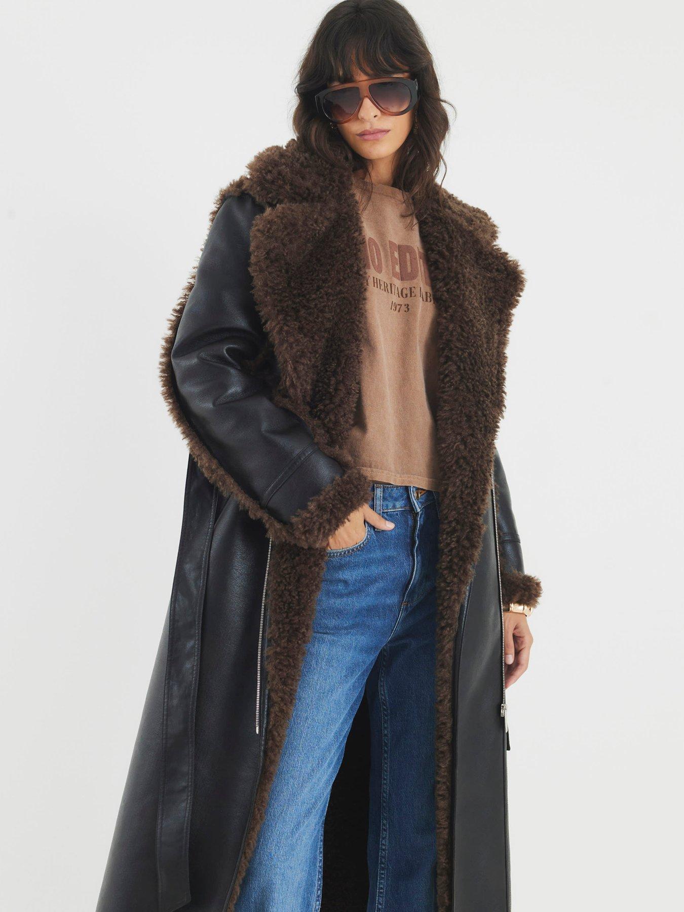 River Island Shearling Belted Trench - Black