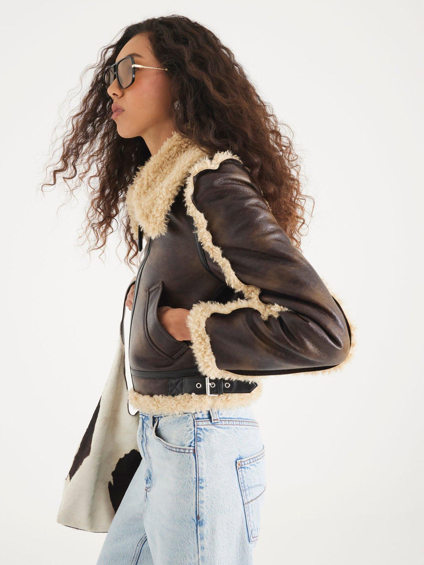 River Island Seam Detail Shearling Jacket - Dark Brown