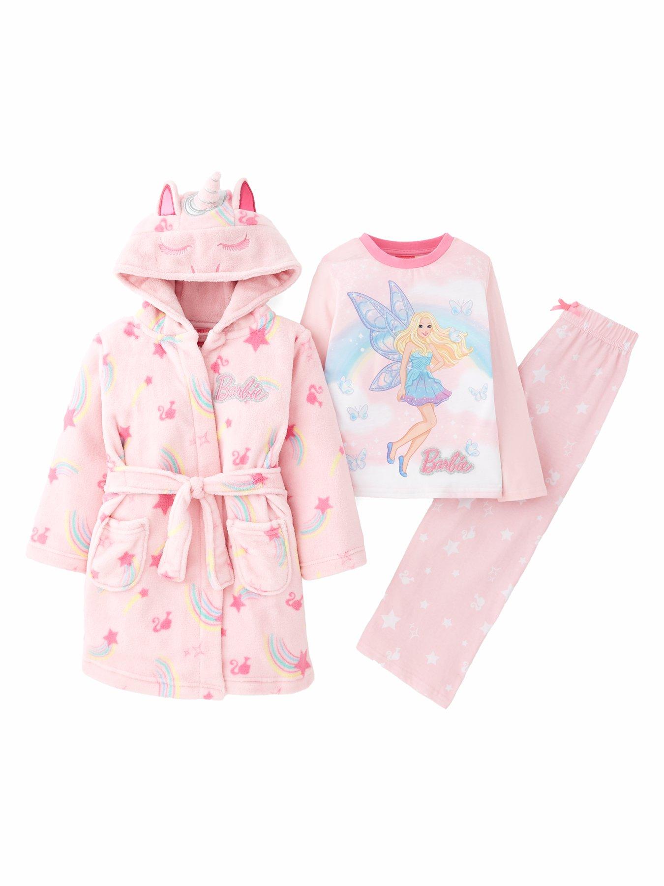 Barbie 3 Piece Unicorn Long Sleeve Pyjama And Gown Set - Pink