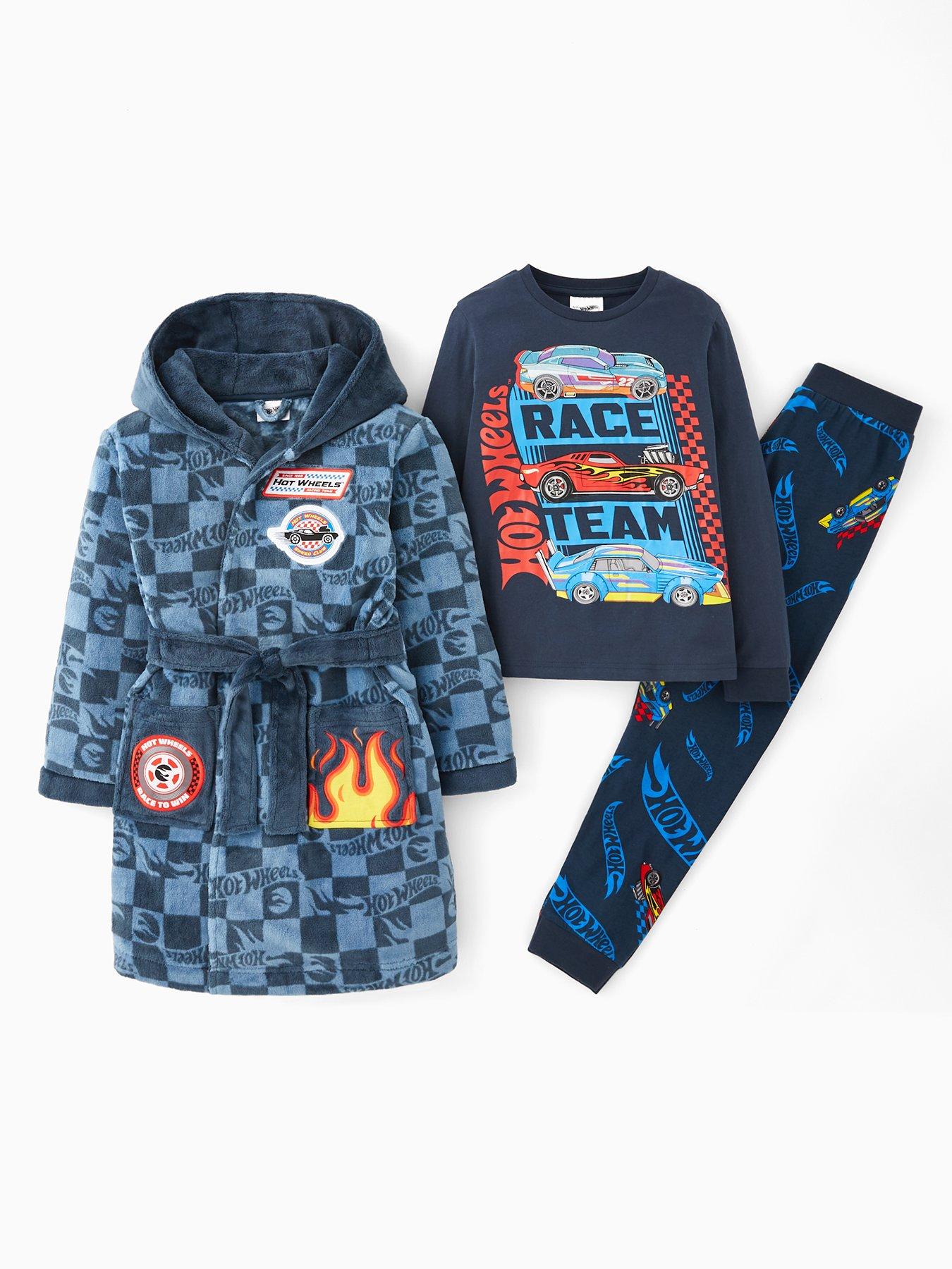 Hot Wheels 3 Piece Long Sleeve Pyjama And Gown Set - Navy
