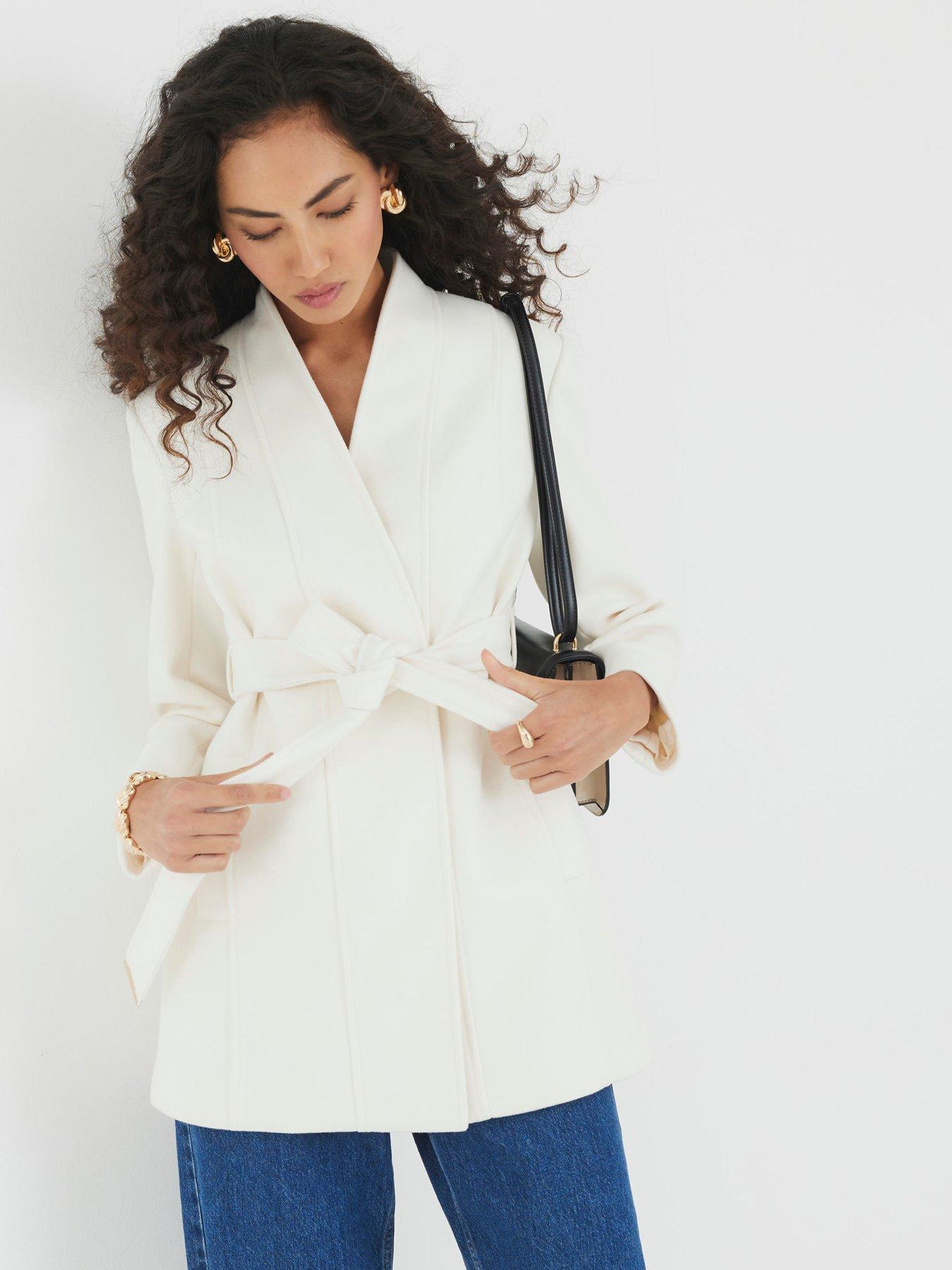 River Island Short Belted Wrap Coat - Cream