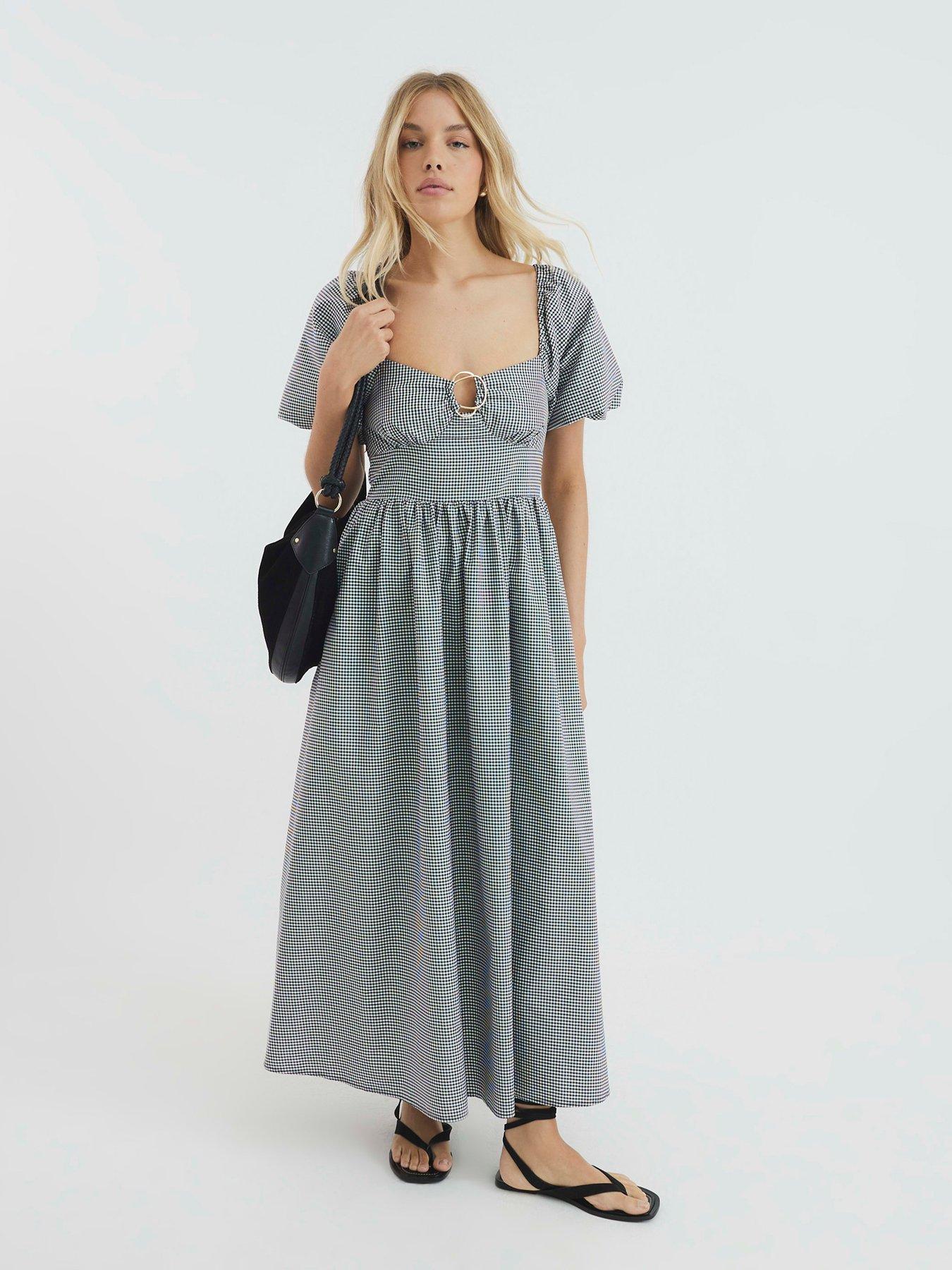 undefined Gingham Trim Detail Midi Dress - Black