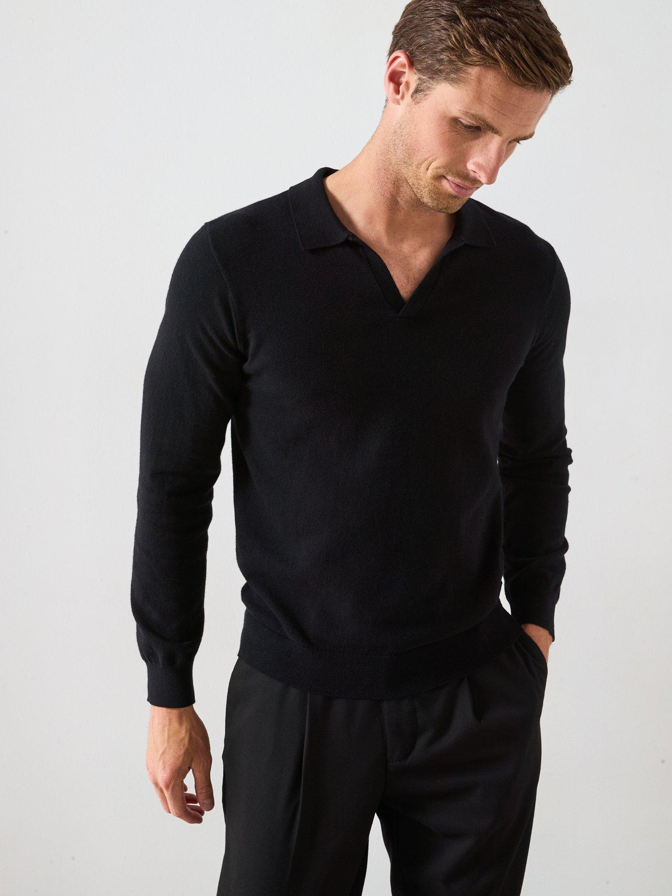 undefined Long Sleeve Knitted Trophy Neck Polo With Wool - Black