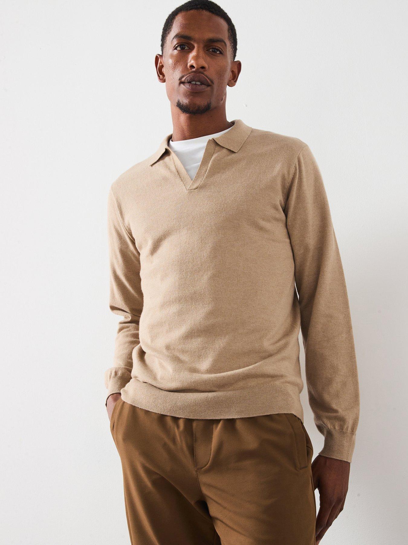 Very Man Long Sleeve Knitted Trophy Neck Polo with Wool - Beige