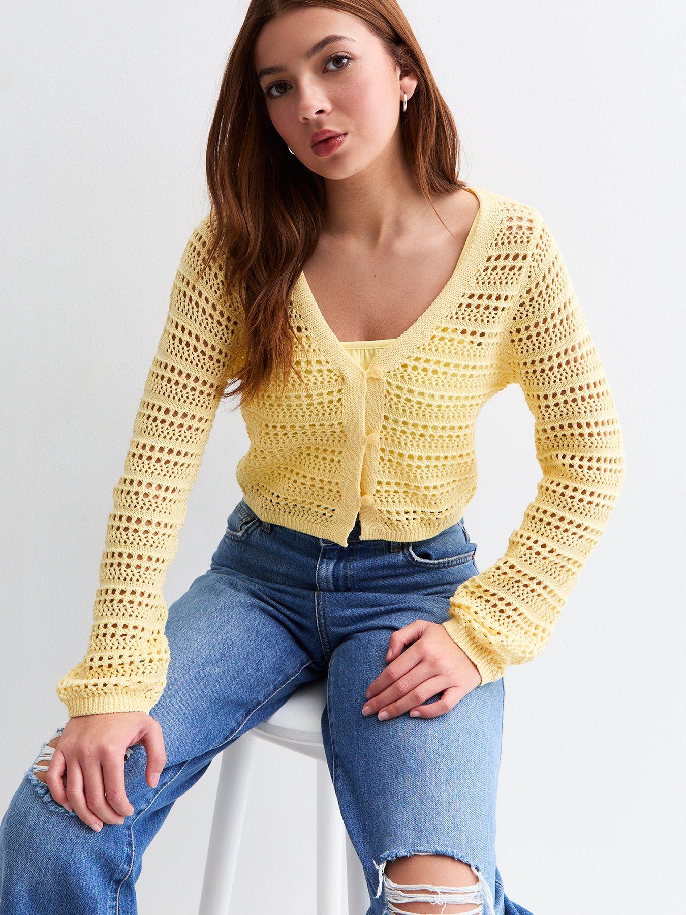undefined Girls Yellow Open Knit Cardigan
