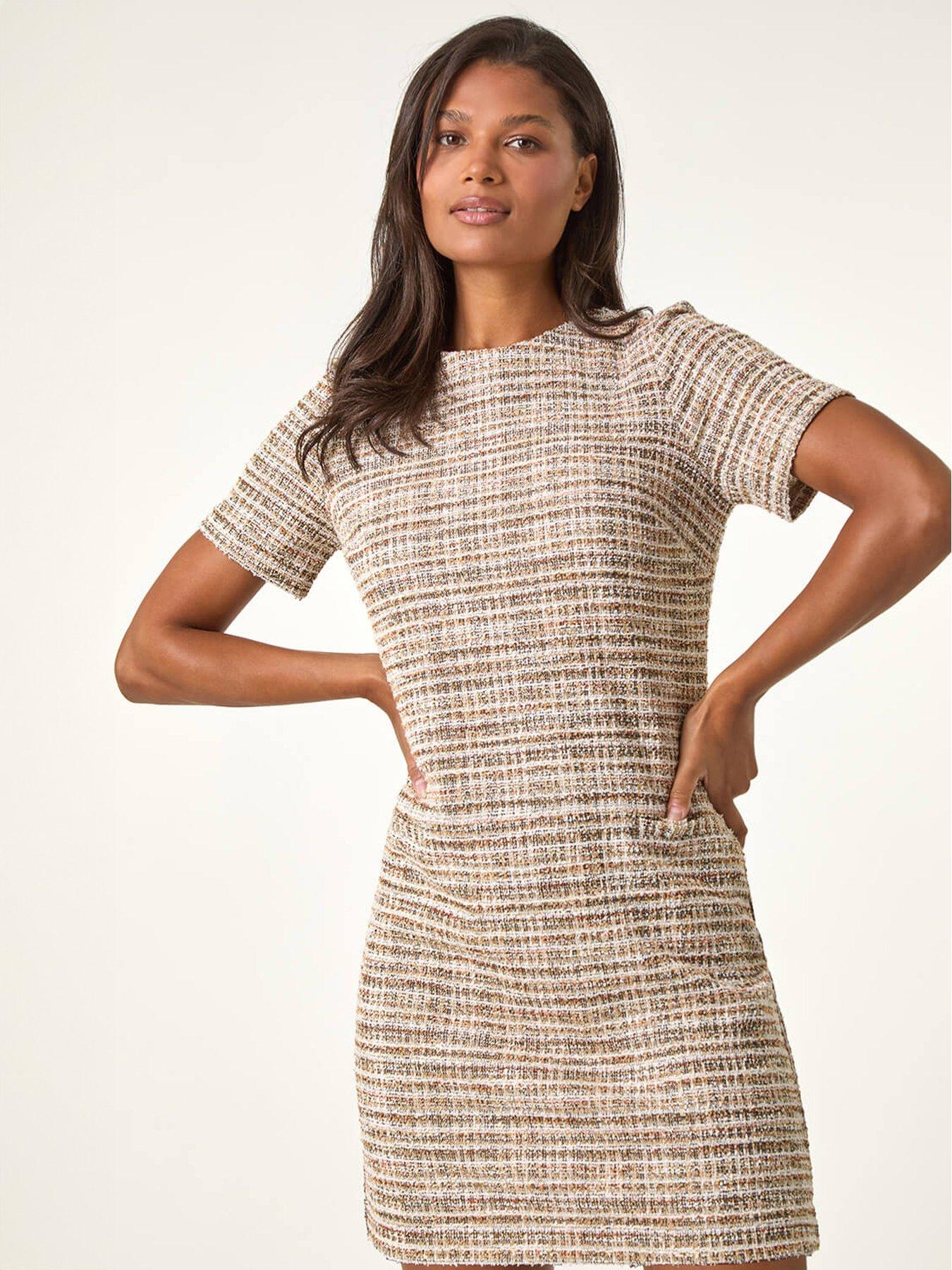 undefined Textured Pocket Stretch Shift Dress - Tan