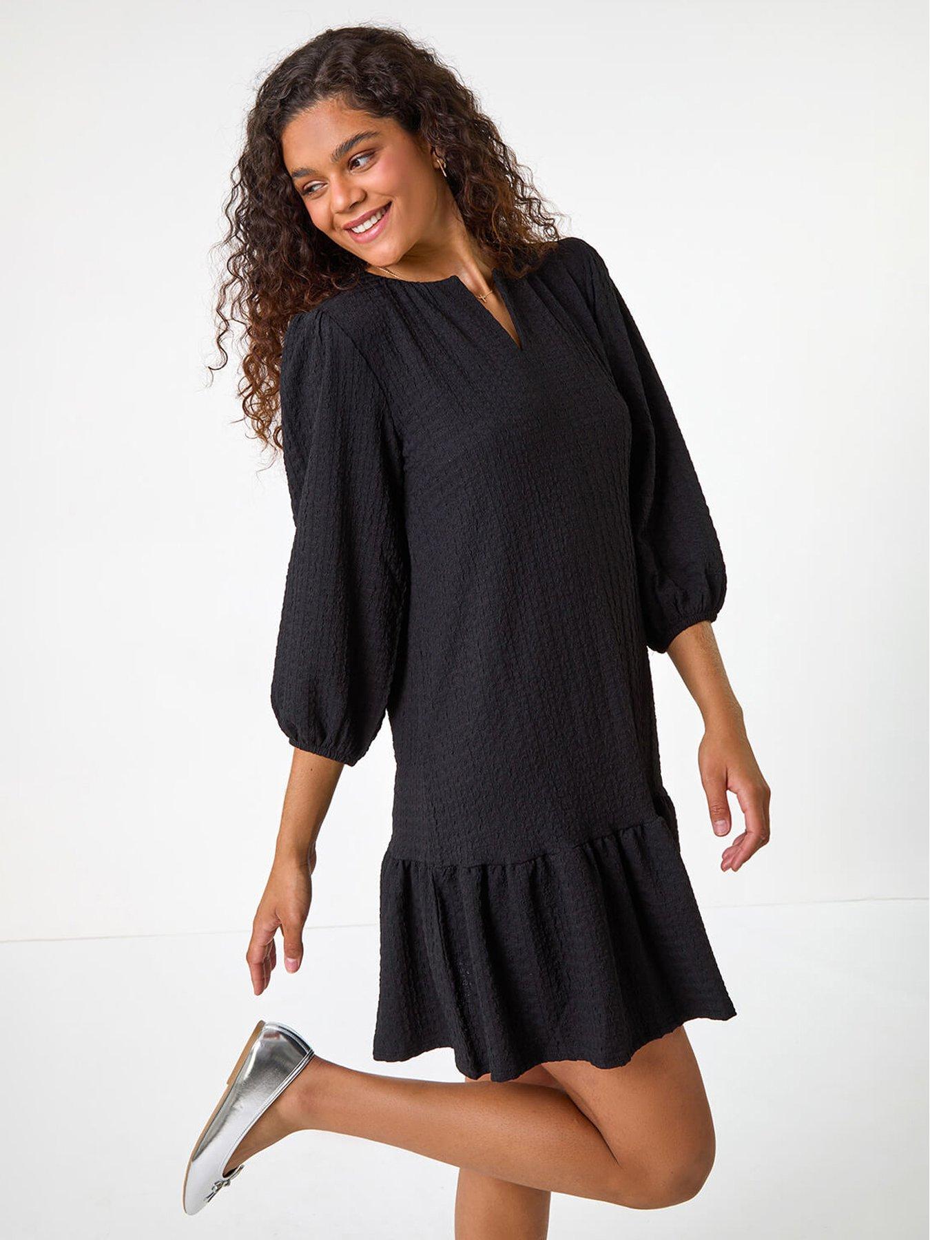 undefined Textured V-neck Frill Hem Smock Dress - Black