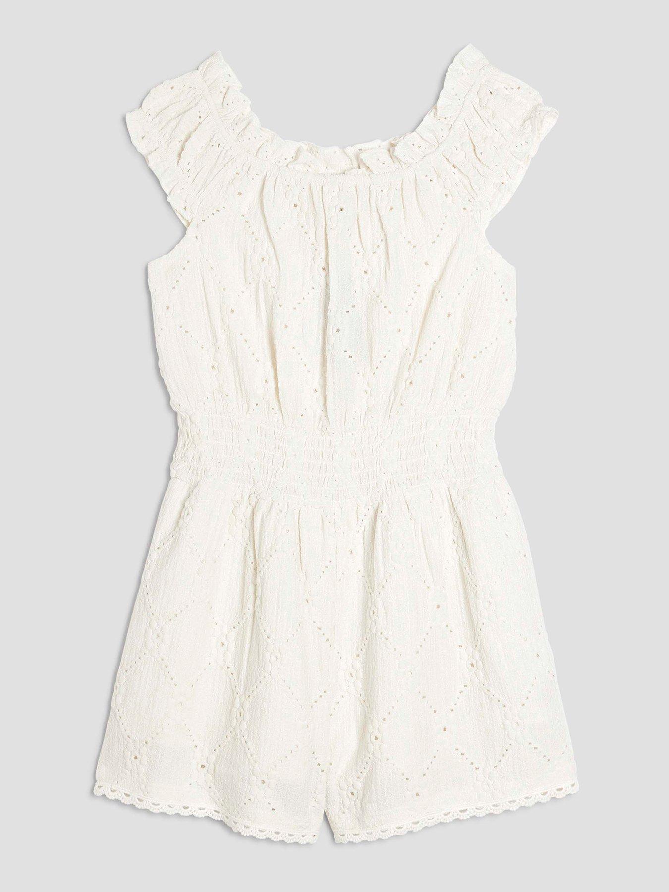 River Island Older Girls Shirred Texture Playsuit  - Cream