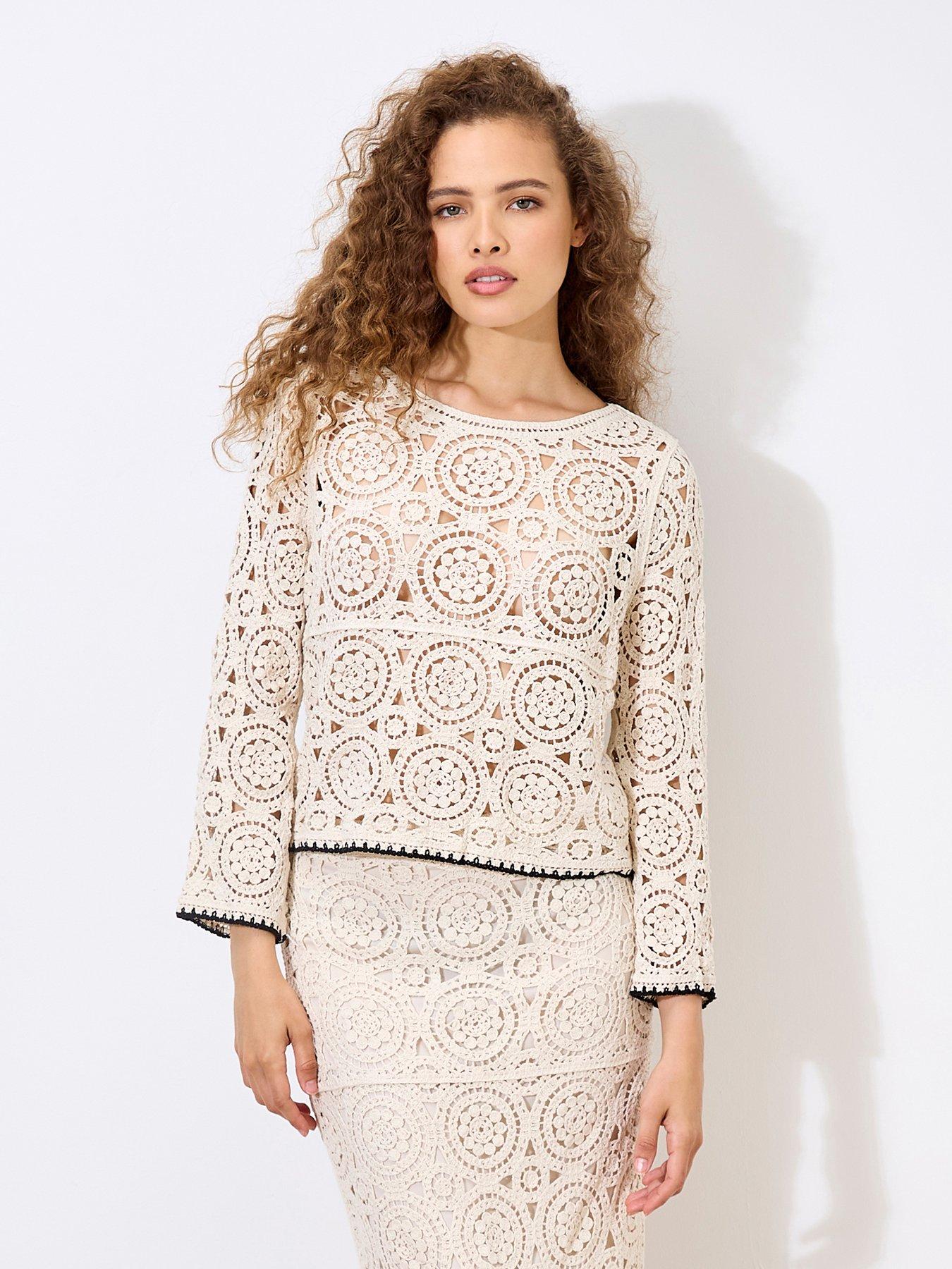 undefined Circles Bell Sleeve Crochet Top - Stone