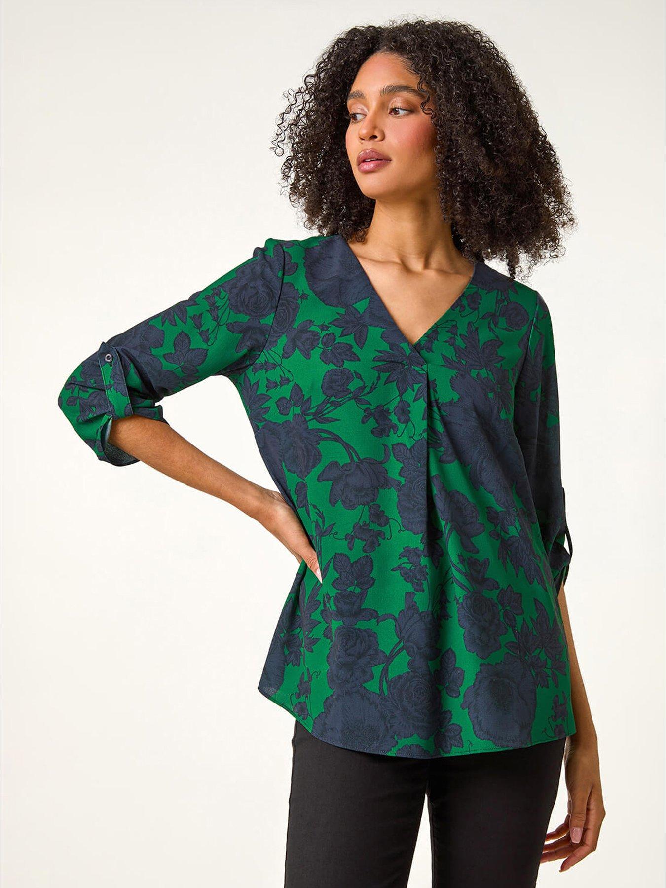 undefined Floral Front Pleat Top - Green