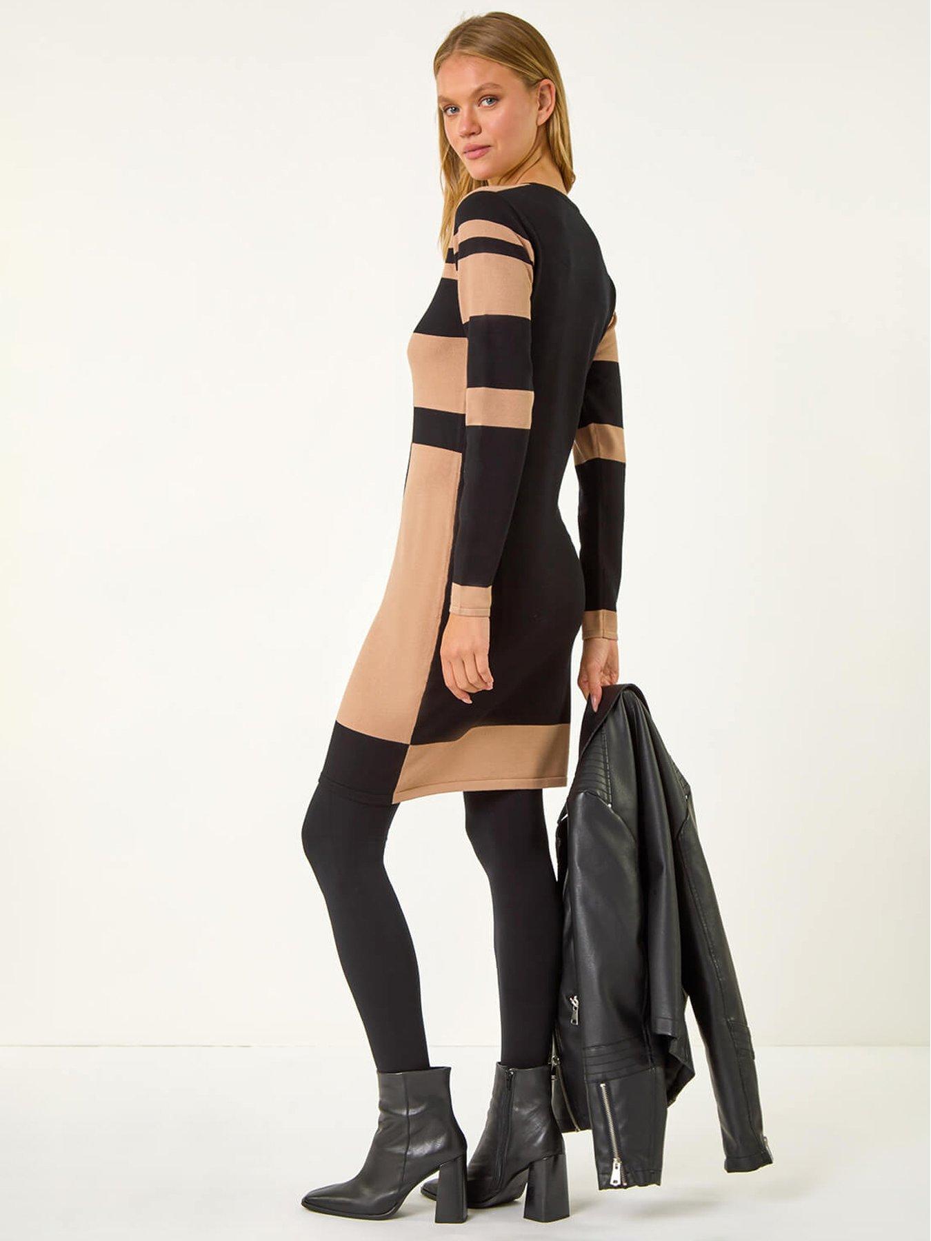 Image 2 of 5 of Roman Colour Block Knit Dress - Tan