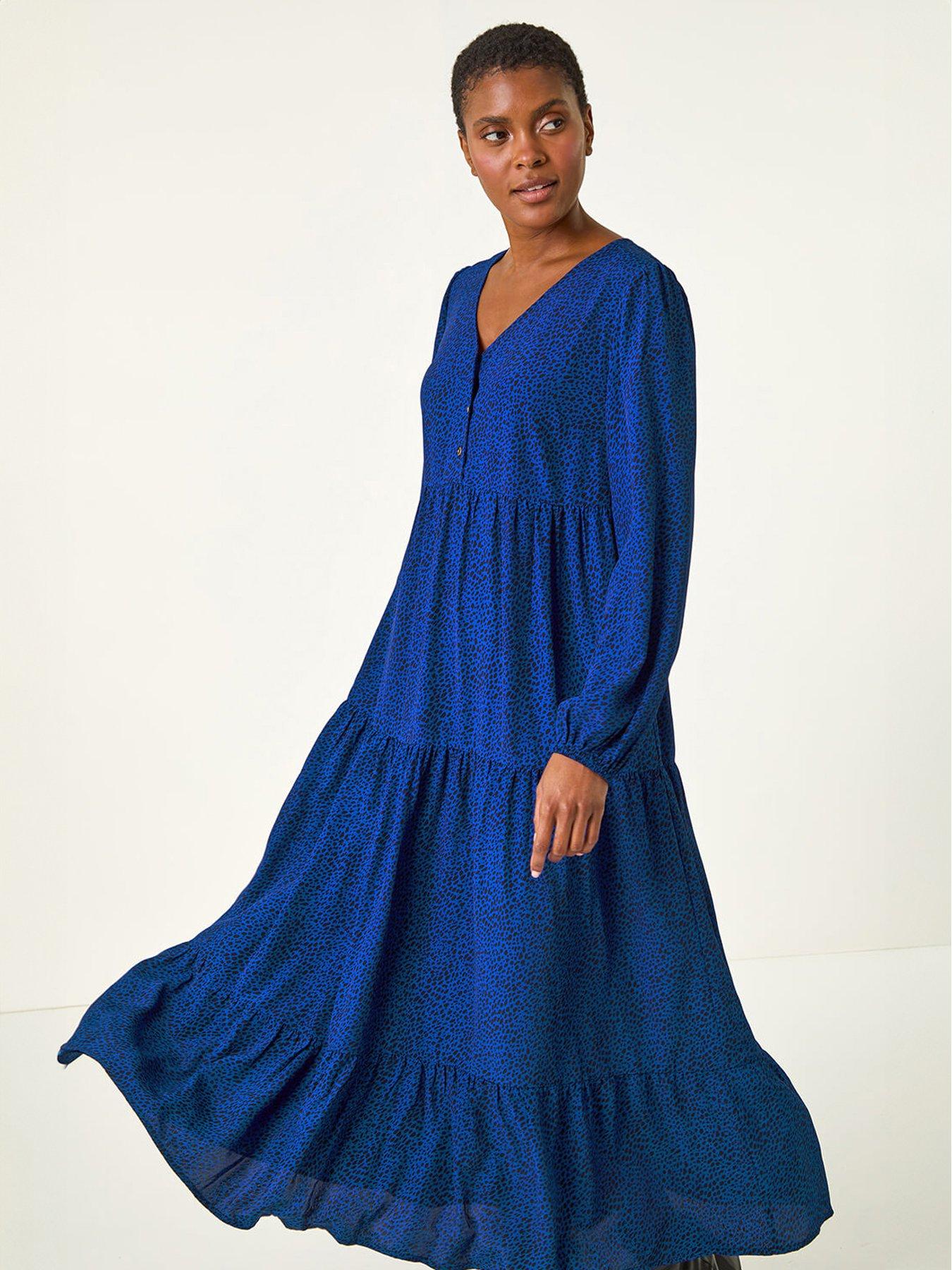 undefined Spot Button Detail Smock Midi Dress - Blue