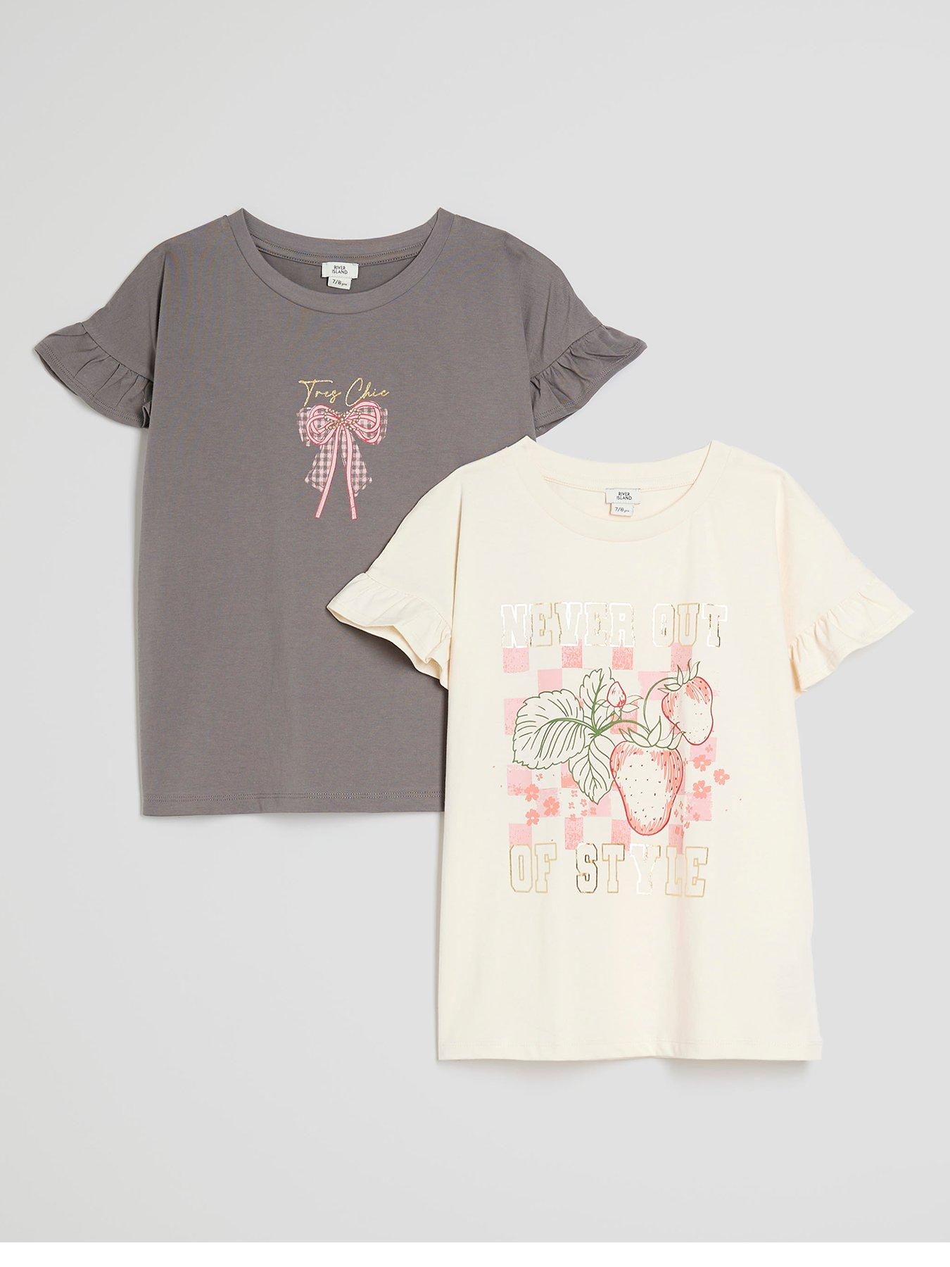 undefined Girls 2 Pack Frill Tops - Beige/Dark