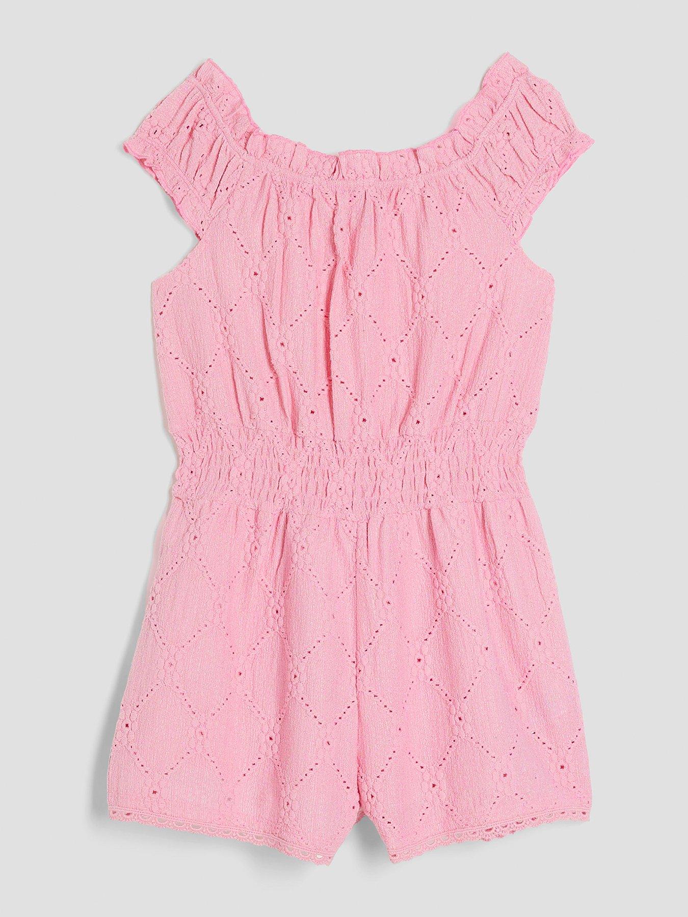 River Island Older Girl Shirred Texture Playsuit - Pink