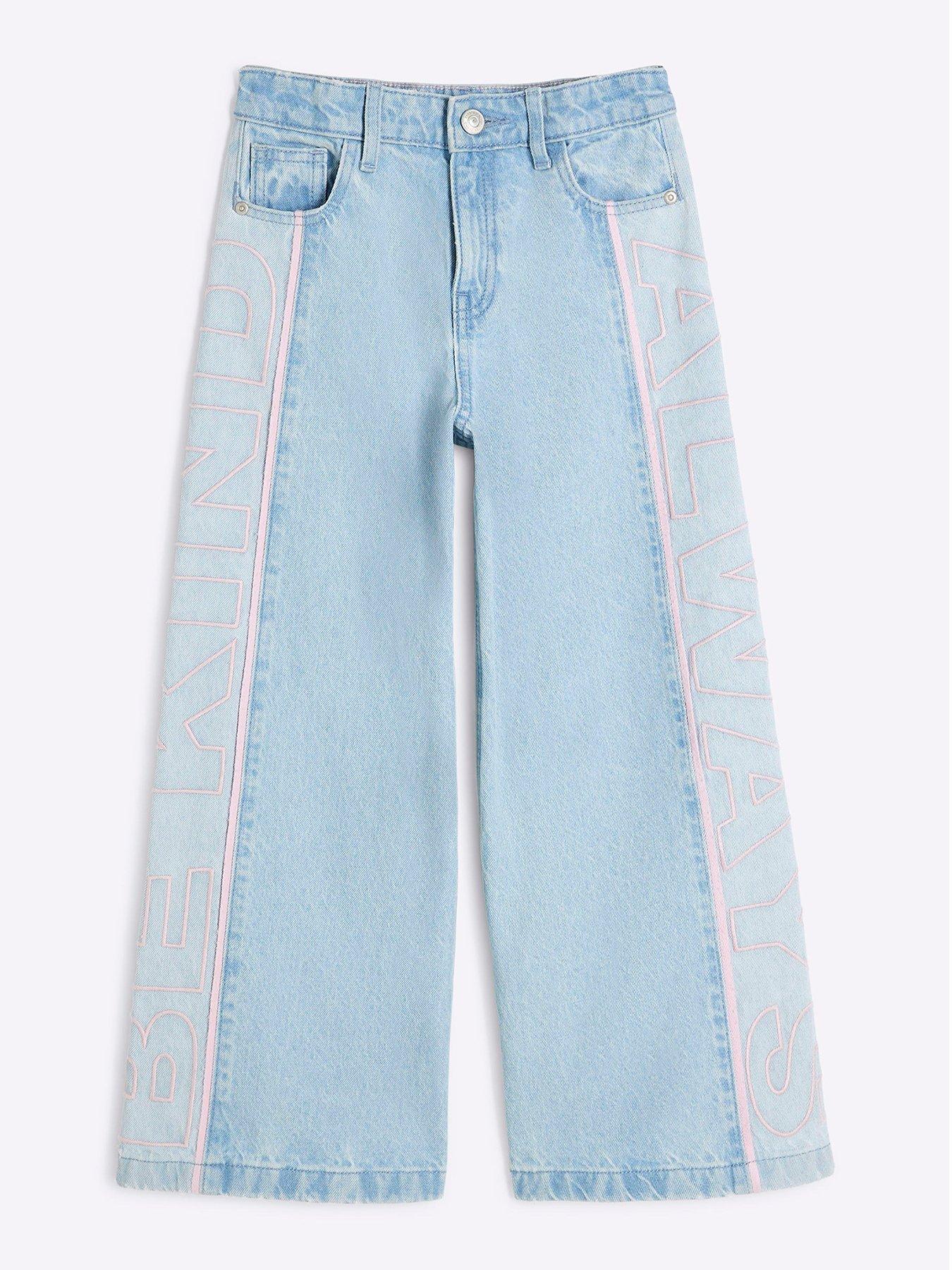 undefined Girls Wide Leg Embroidery Wordy Jeans - Light Blue