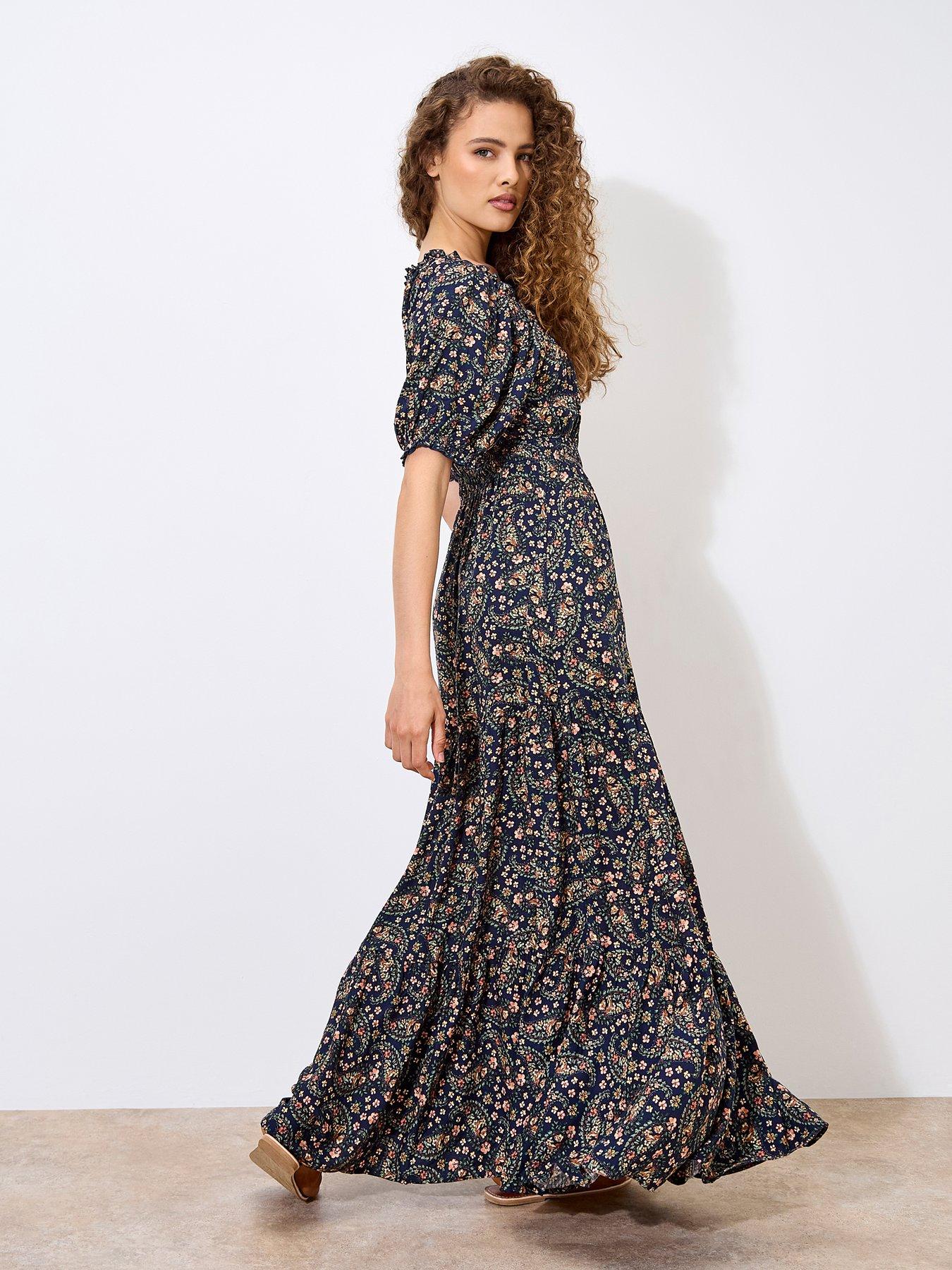 Apricot Floral Paisley Tiered Maxi Dress Navy Very
