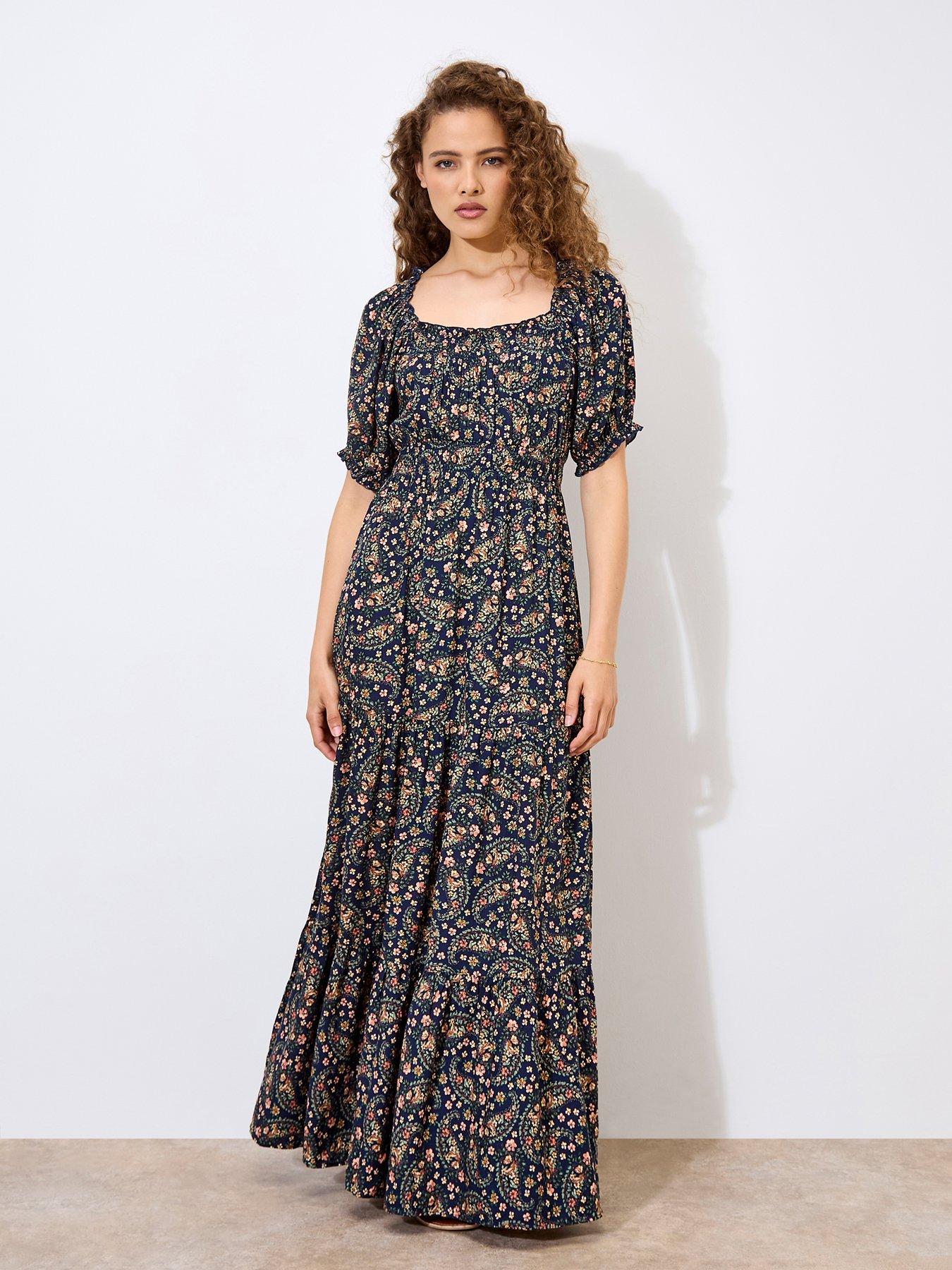 Apricot Floral Paisley Tiered Maxi Dress Navy Very