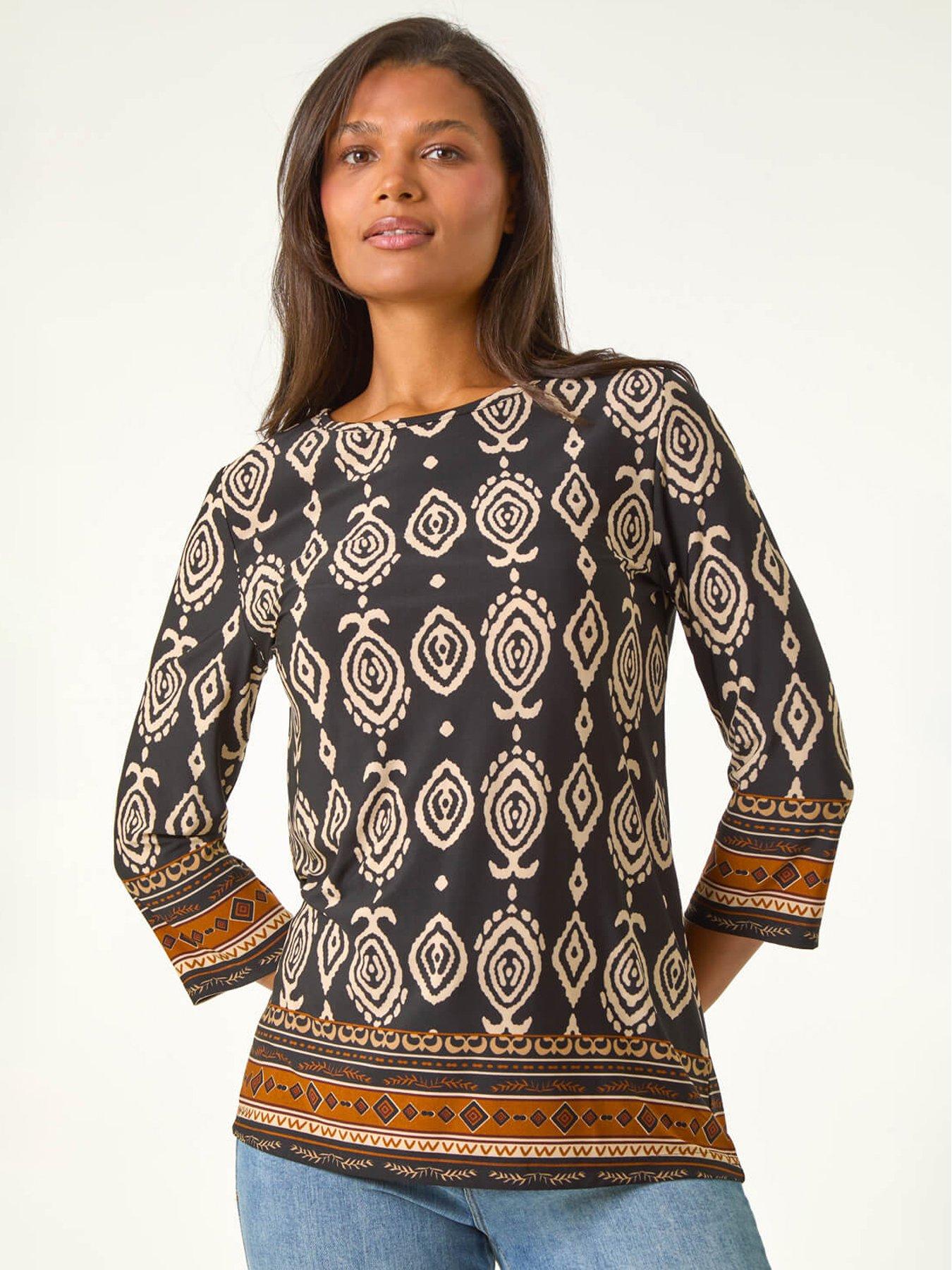 undefined Ikat Border Hem Stretch Top - Brown