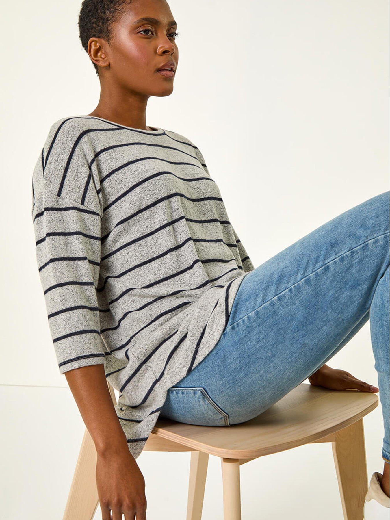 Image 4 of 5 of Roman Stripe Jersey Knit Top - Grey